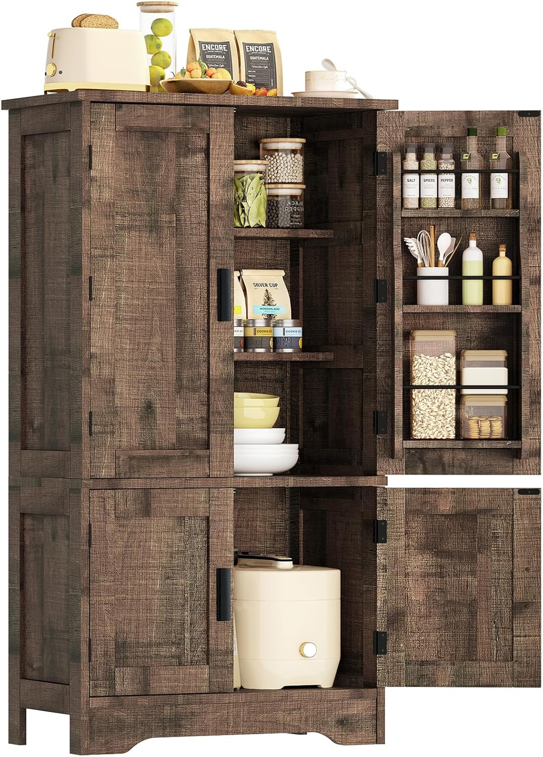 TEENFON Storage Cabinet with 4 Doors, 43.3 H Farmhouse Kitchen Cabinet with 6 Door Shelves, Kitchen Storage Cabinets with Adjustable Shelves, for Living Room, Antique Oak
