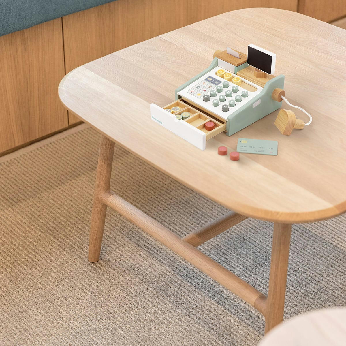 - Caisse enregistreuse en bois naturel turquoise pour enfants