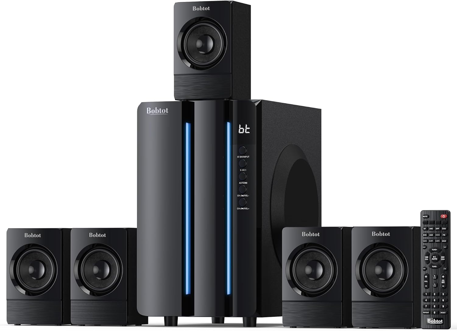 Bobtot Surround Sound Systems Home Theater System - 800 Watts Peak Power 6.5 Subwoofer 5.1 Wired Stereo Speakers Strong Bass with ARC Optical AUX Bluetooth Input