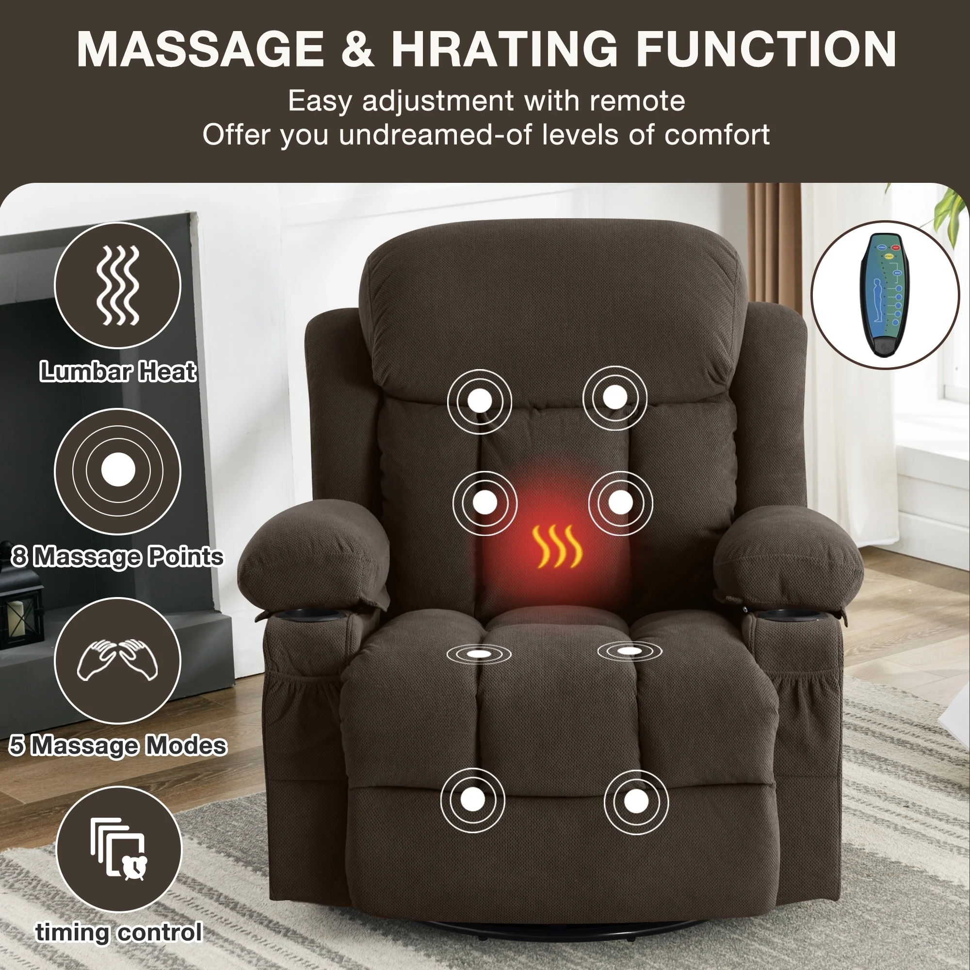 360° Swivel Heated Massage Recliner with USB Charging, Cup Holders, Side Storage, and Plush Fleece Upholstery