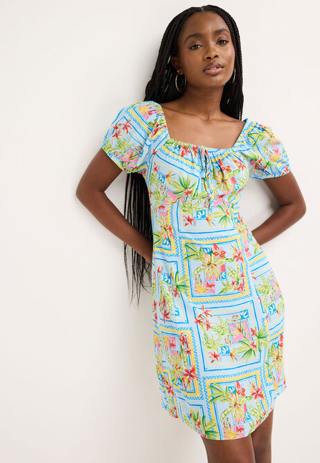 Womens Blue Floral Tile Mini Milkmaid Dress