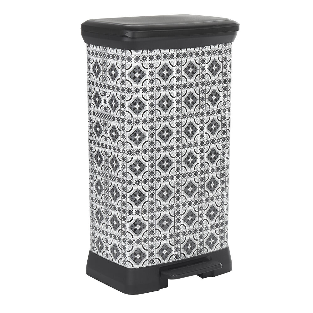 Poubelle à pédale motif carreau de ciment gris et blanc 50 L