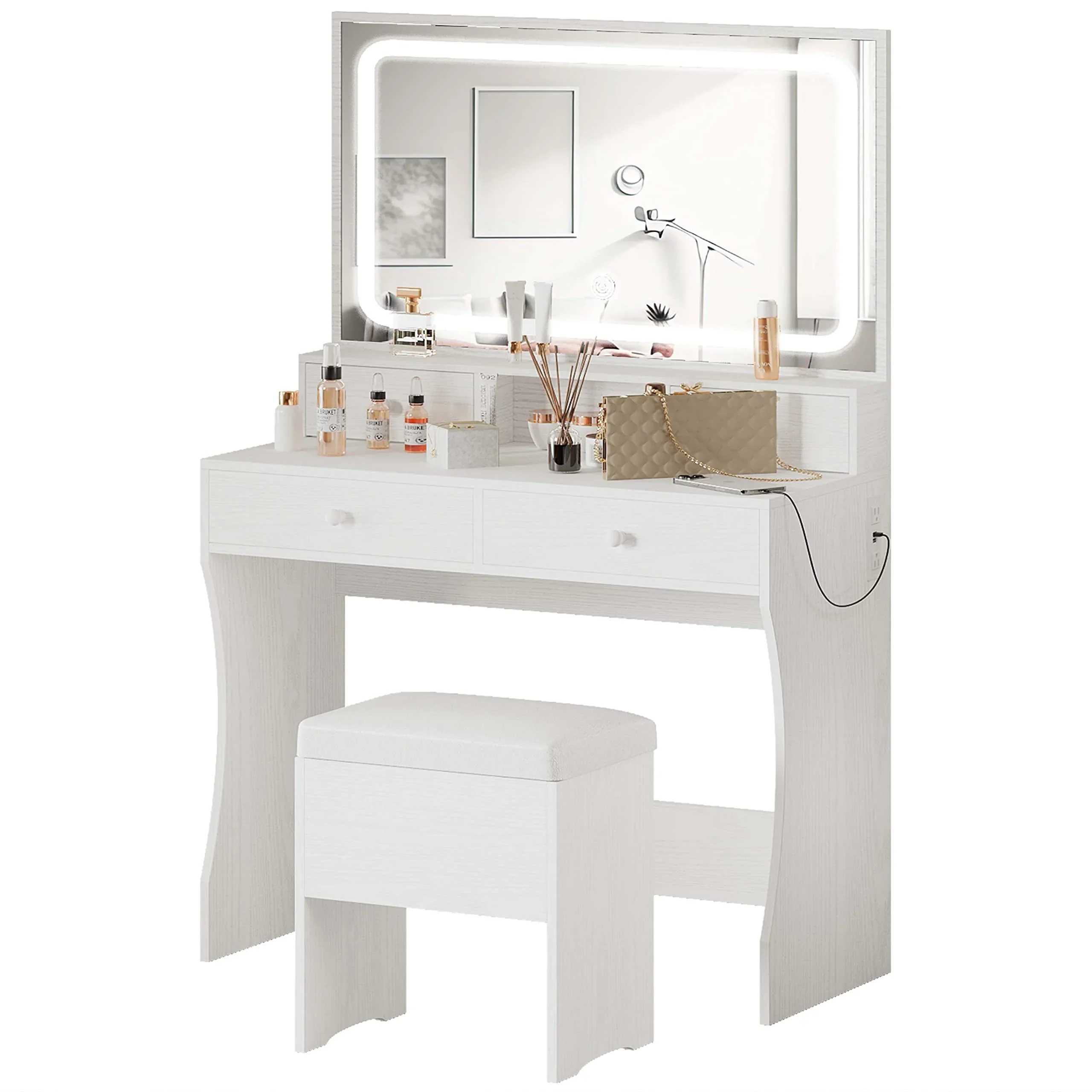 IRONCK Vanity Desk Set with LED Lighted Mirror  Power Outlet