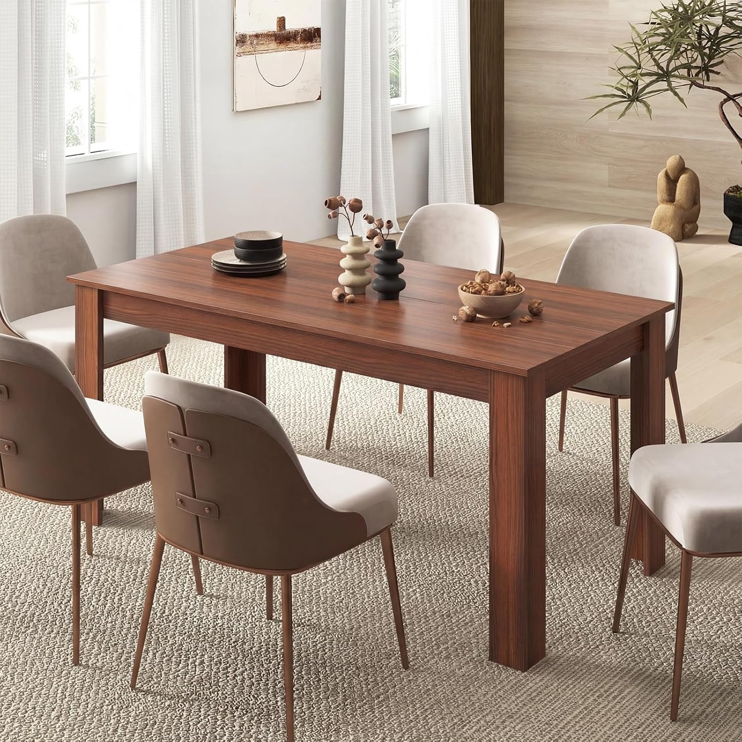 Giantex Dining Table for 4-6, 63 L Large Farmhouse Kitchen Table, Wooden Rectangular Dinner Table for Living Dining Room, Home Office, Dinette, 330LBS Capacity, Walnut