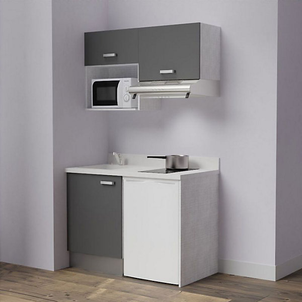 Kitchenette K02 - 120 cm - façades Gris - Plan monobloc en quartz coloris Snova évier à gauche