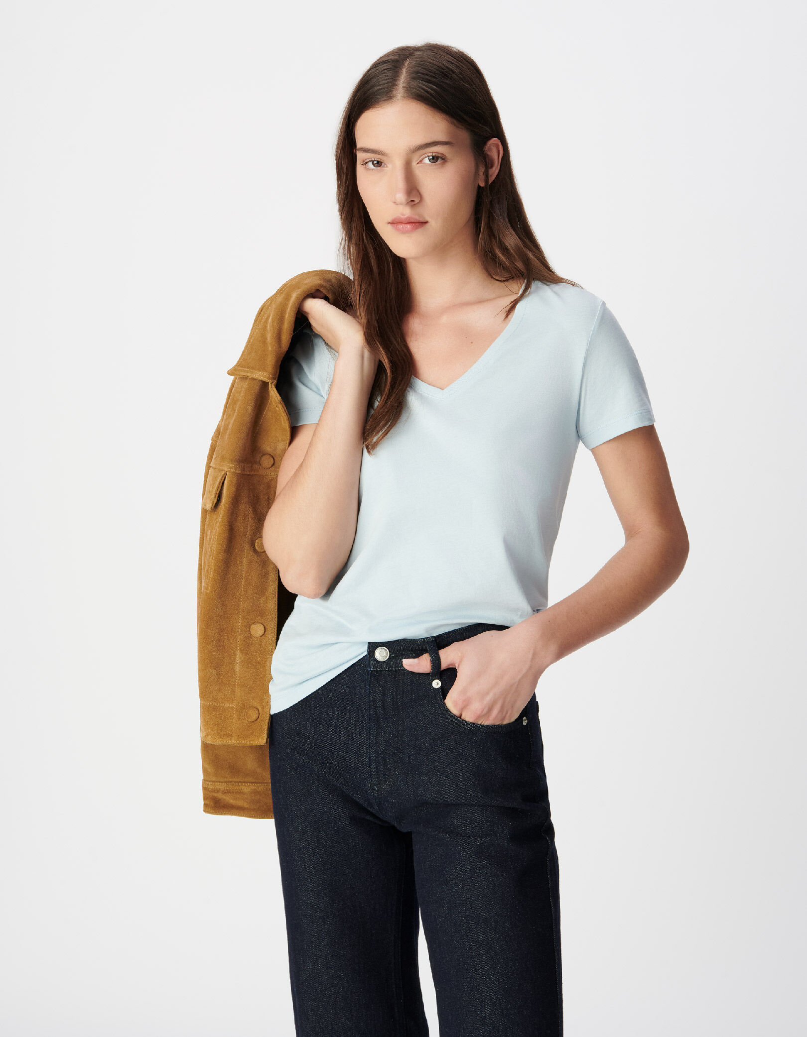 Tee-shirt col V bleu Femme