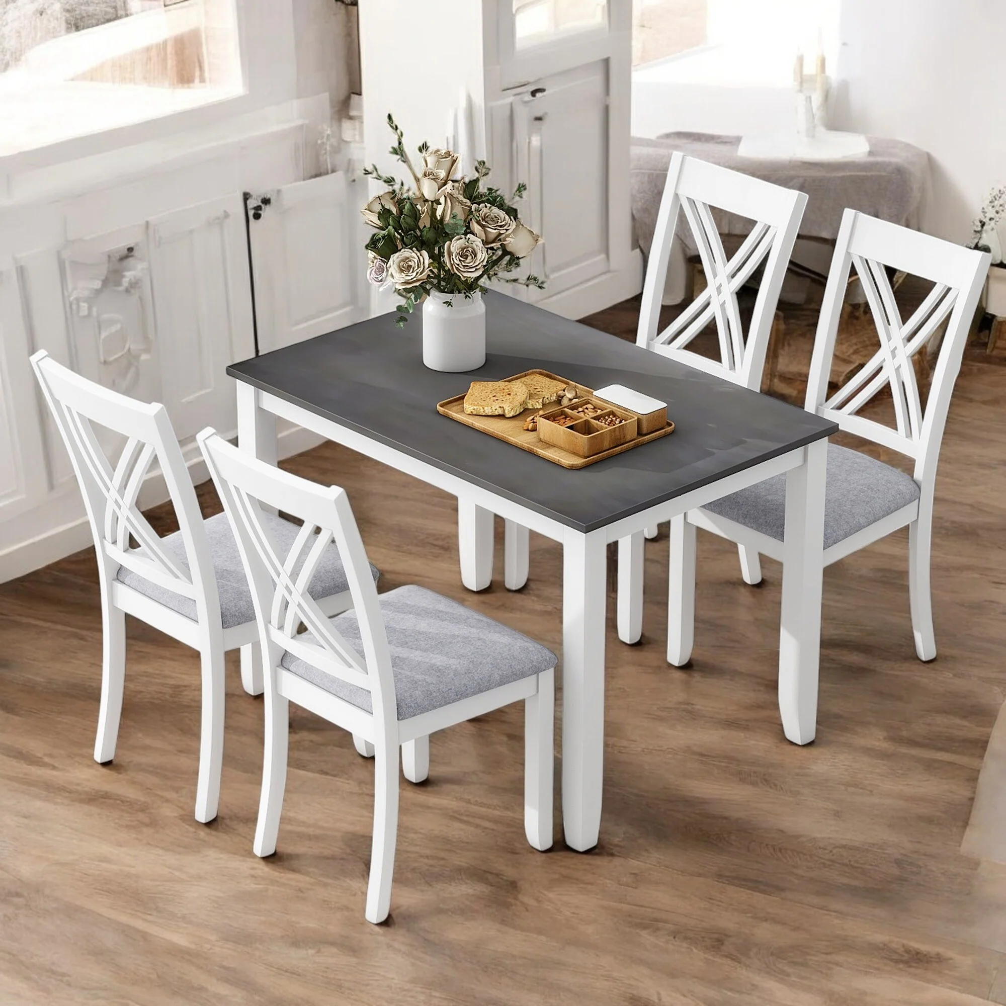 5-Piece Dining Table Set with 4 X-Back Chairs for Small Dining Rooms, Solid Wood Construction with Linen Upholstered Seats