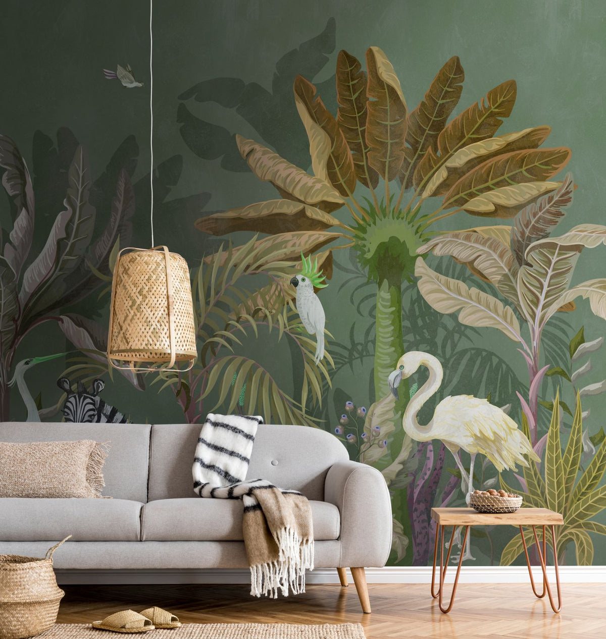 One Wall one Role fotobehang jungle-motief groen, wit, zwart, geel en lila paars - 371 x 280 cm - AS-382371