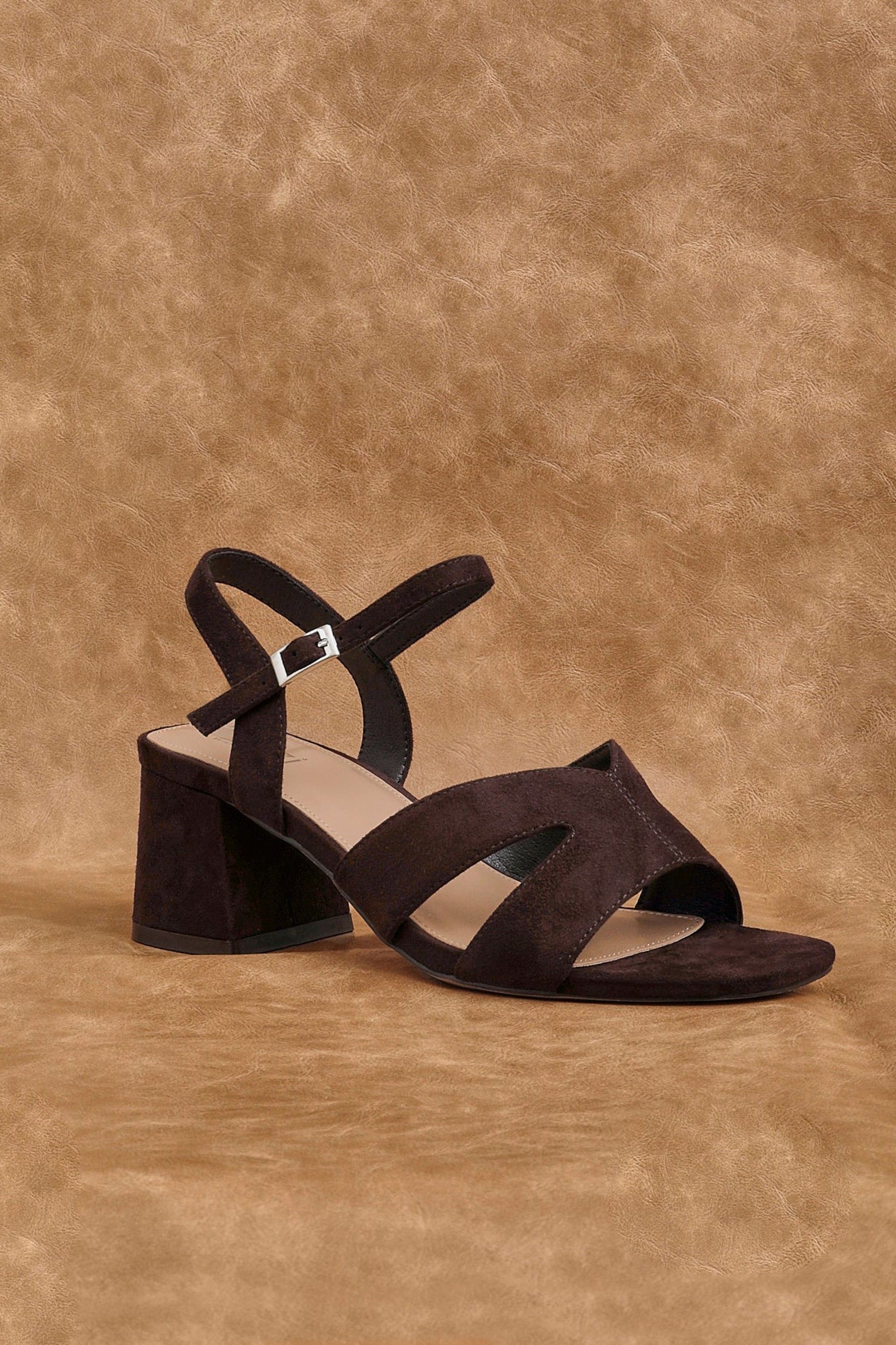 Linzi Empire Wide Fit Brown Faux Suede Link Detail Block Heels