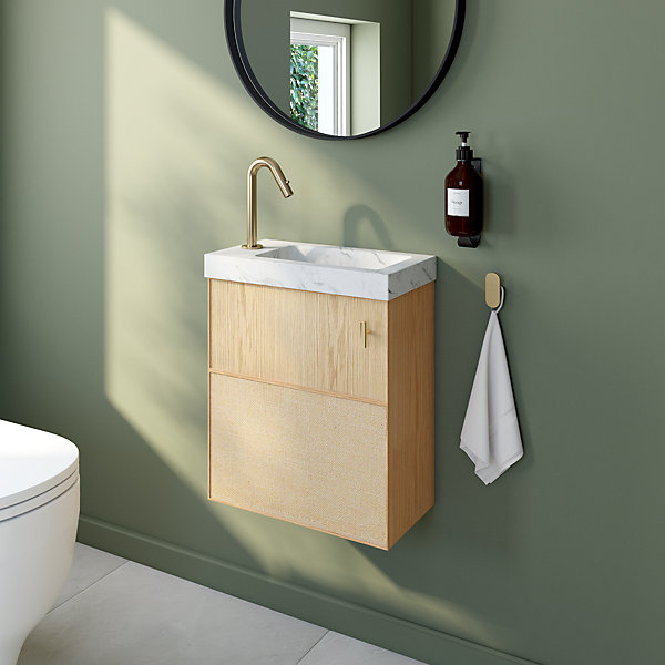 Meuble lave-mains Java effet chêne clair et jute l.44 cm   plan vasque lave-mains effet marbre blanc