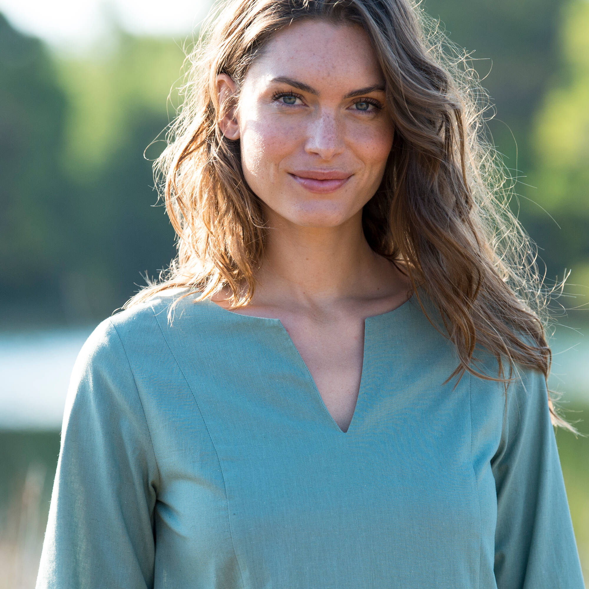 Robe forme housse unie, mélange coton-lin