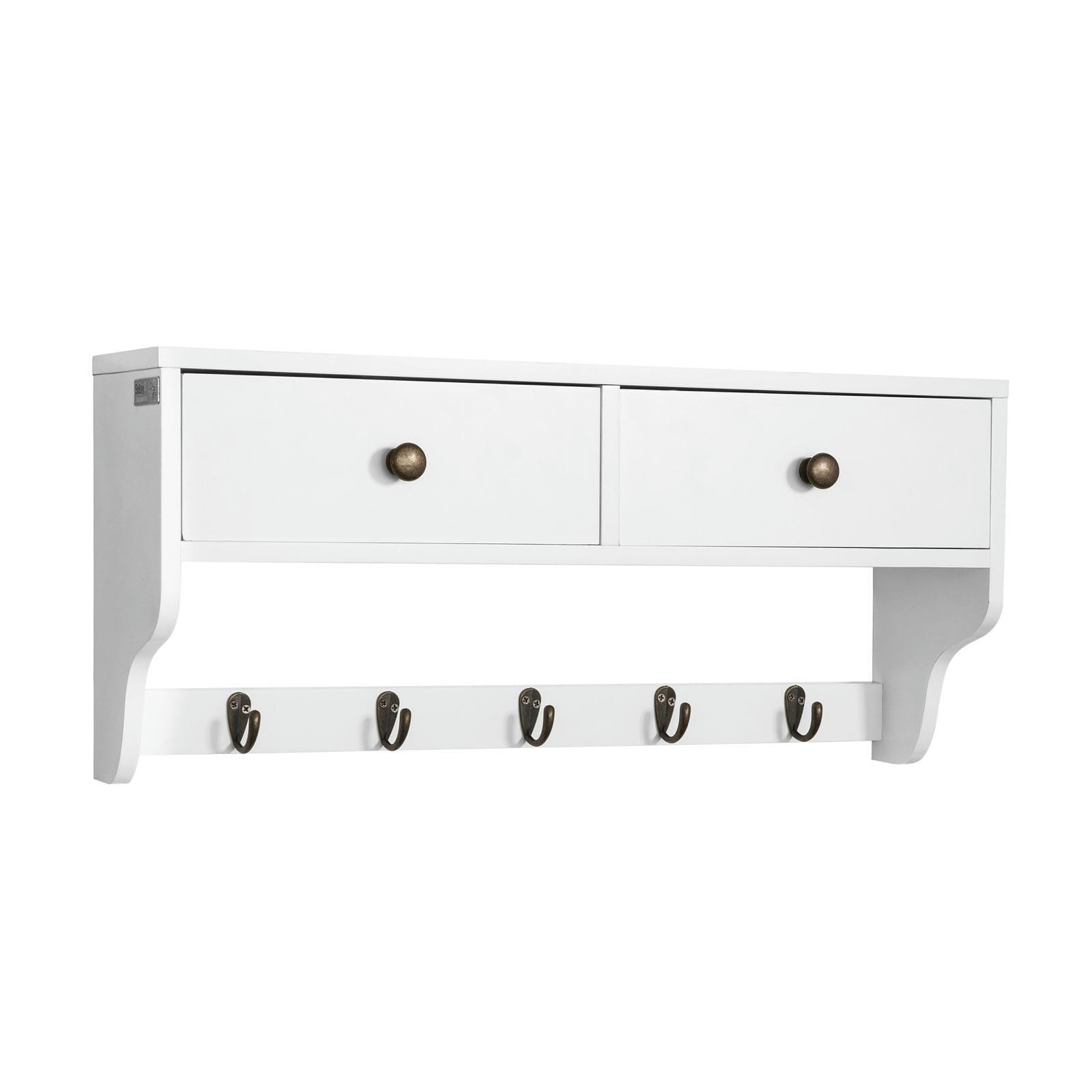 - Étagère murale 2 tiroirs 5 crochets effet bois blanc