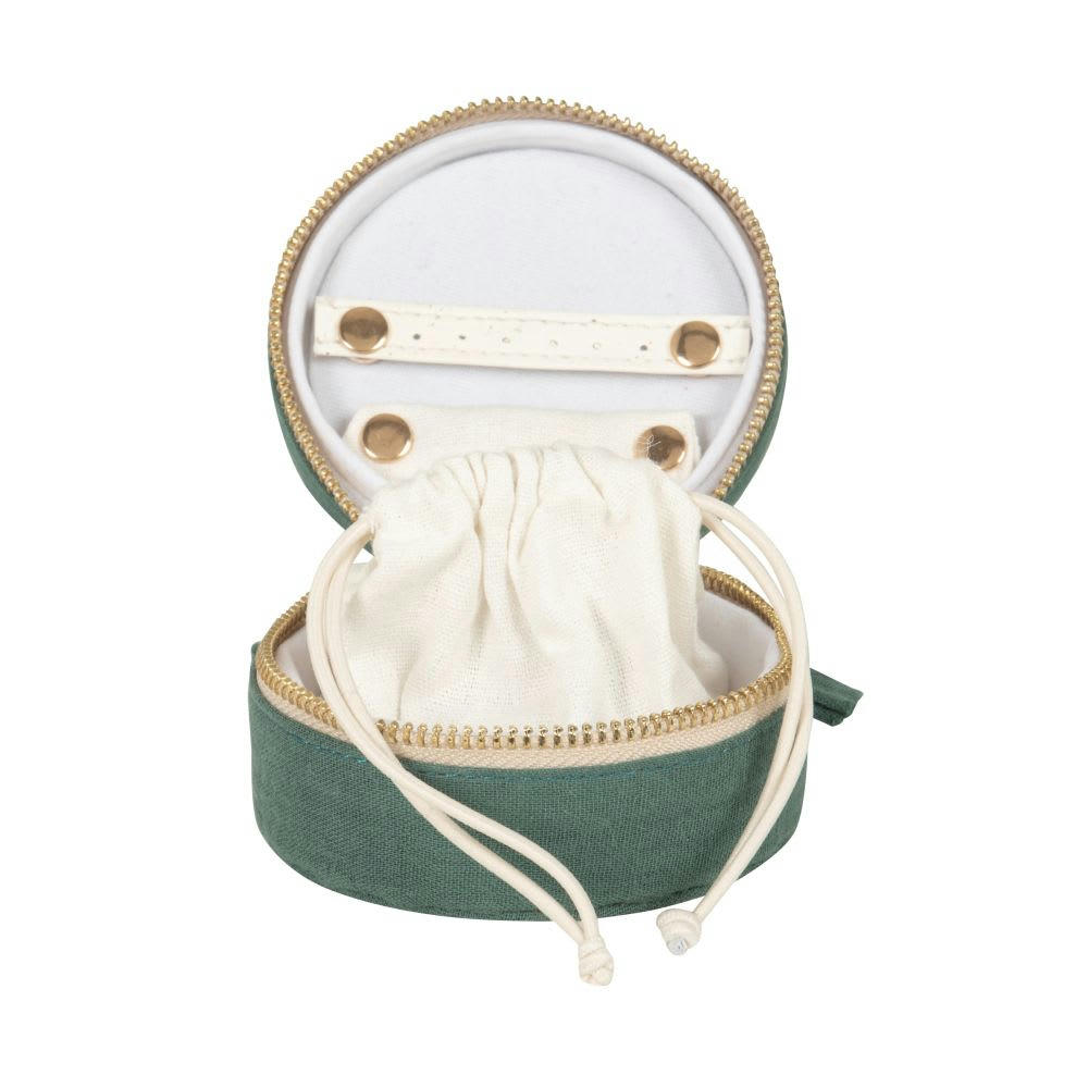 - Boîte à bijoux de voyage verte, dorée et écrue