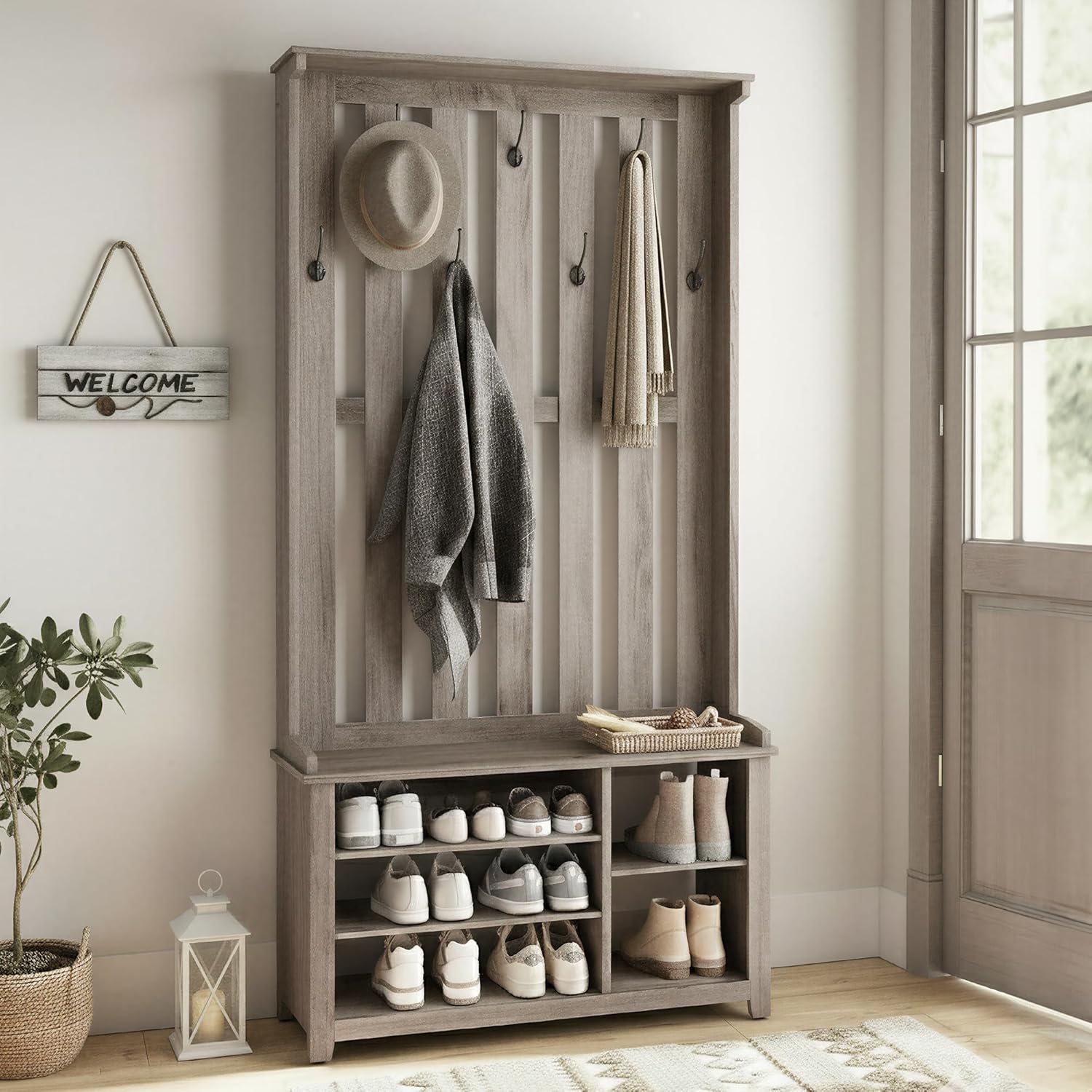 VASAGLE Hall Tree with Bench and Shoe Storage, Coat Rack with Shoe Bench, 7 Double Hooks for Jackets, Hats, Entryway, Bedroom, Living Room, 13.8 x 31.9 x 70.9 Inches, Heather Greige UHSR414G01