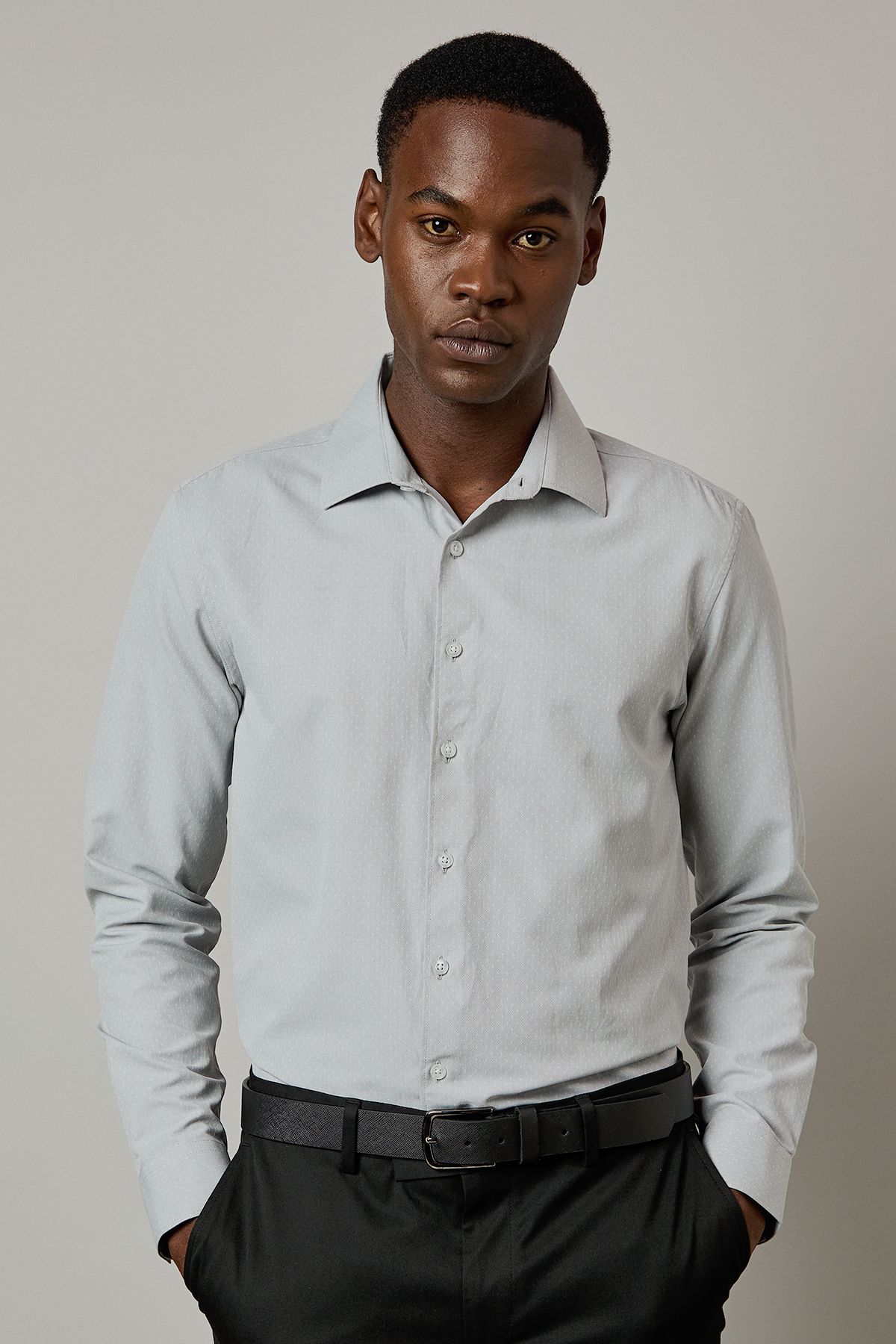 Burton Dark Grey Dobby Slim Fit Long Sleeve Shirt