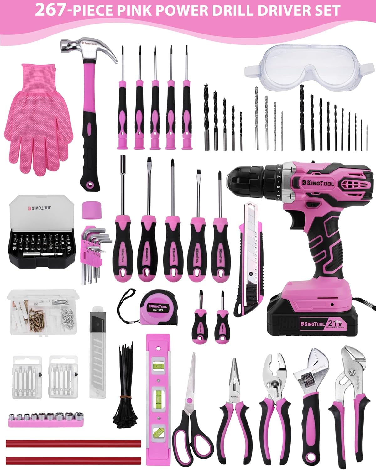 KingTool 267-Piece Tool Kit Set - Pink Tool Set with 21V Cordless Pink Power Drill Driver, Tool kit for Women with Pink Tool Storage Bag, Womens Tool Kit for House, Perfect for Home DIY Projects