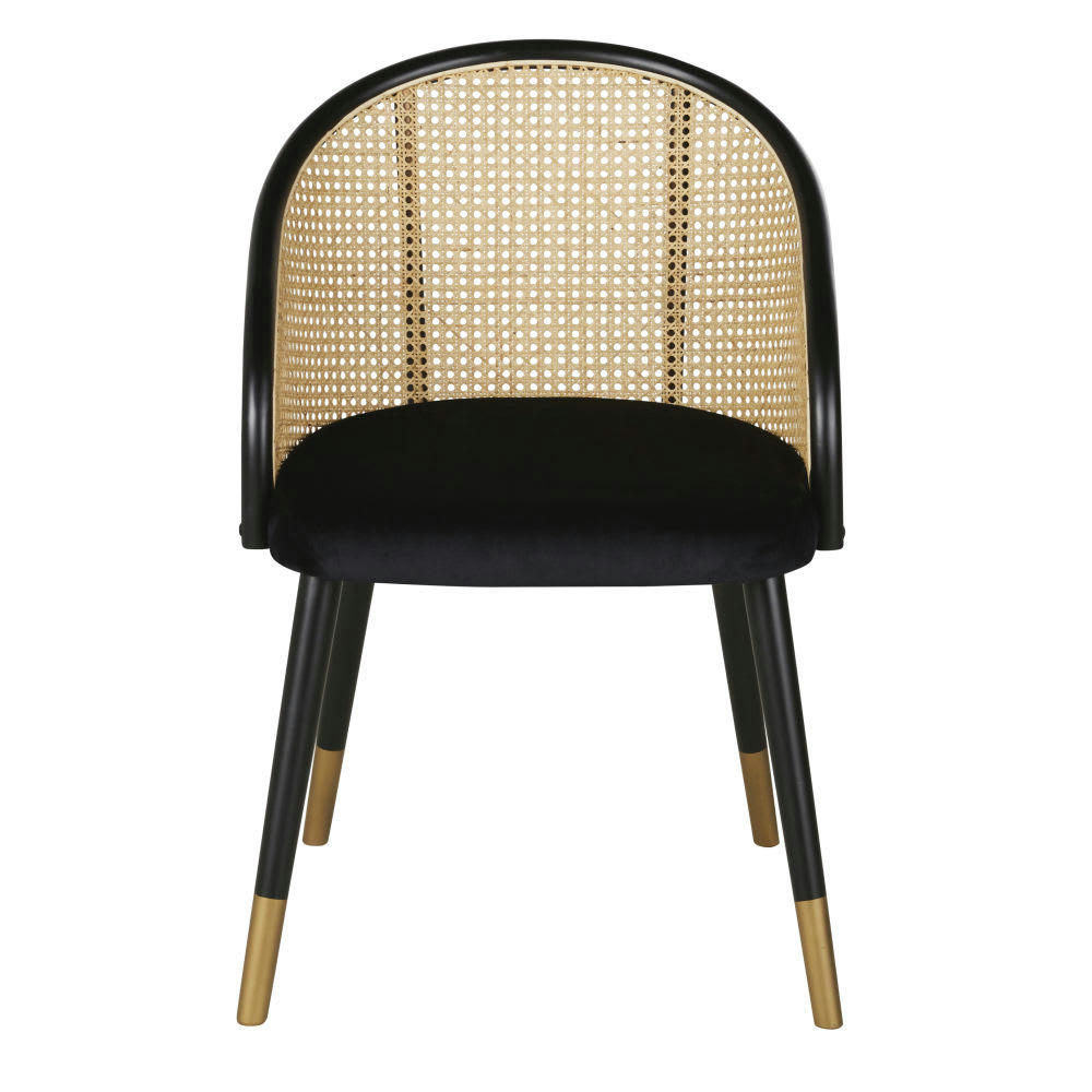 Sockette - Fauteuil de table en velours noir cannage en rotin