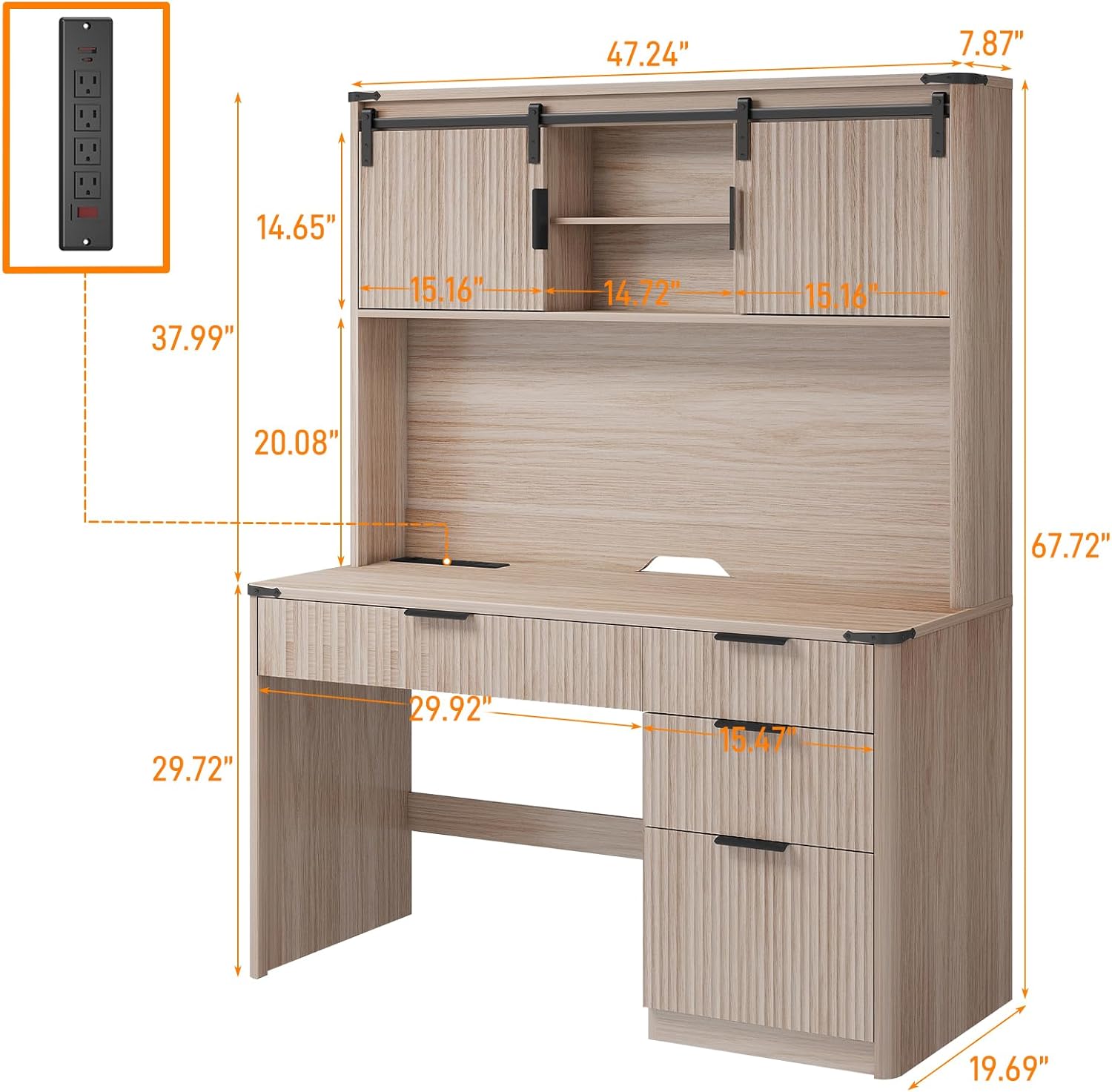Farmhouse 67 H Executive Desk with Fluted Drawers,4 Drawers Fluted Computer Desk with LED Light,Charging Hub,Wood Workstation with Hutch and Sliding Barn Doors for Work and Study
