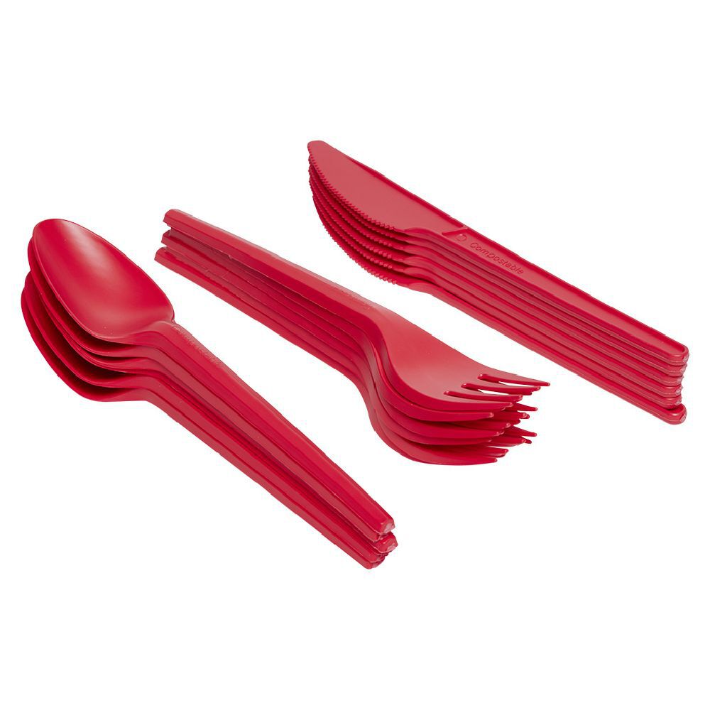 Ménagère réutilisable rouge 18 couverts à base d'amidon de maïs