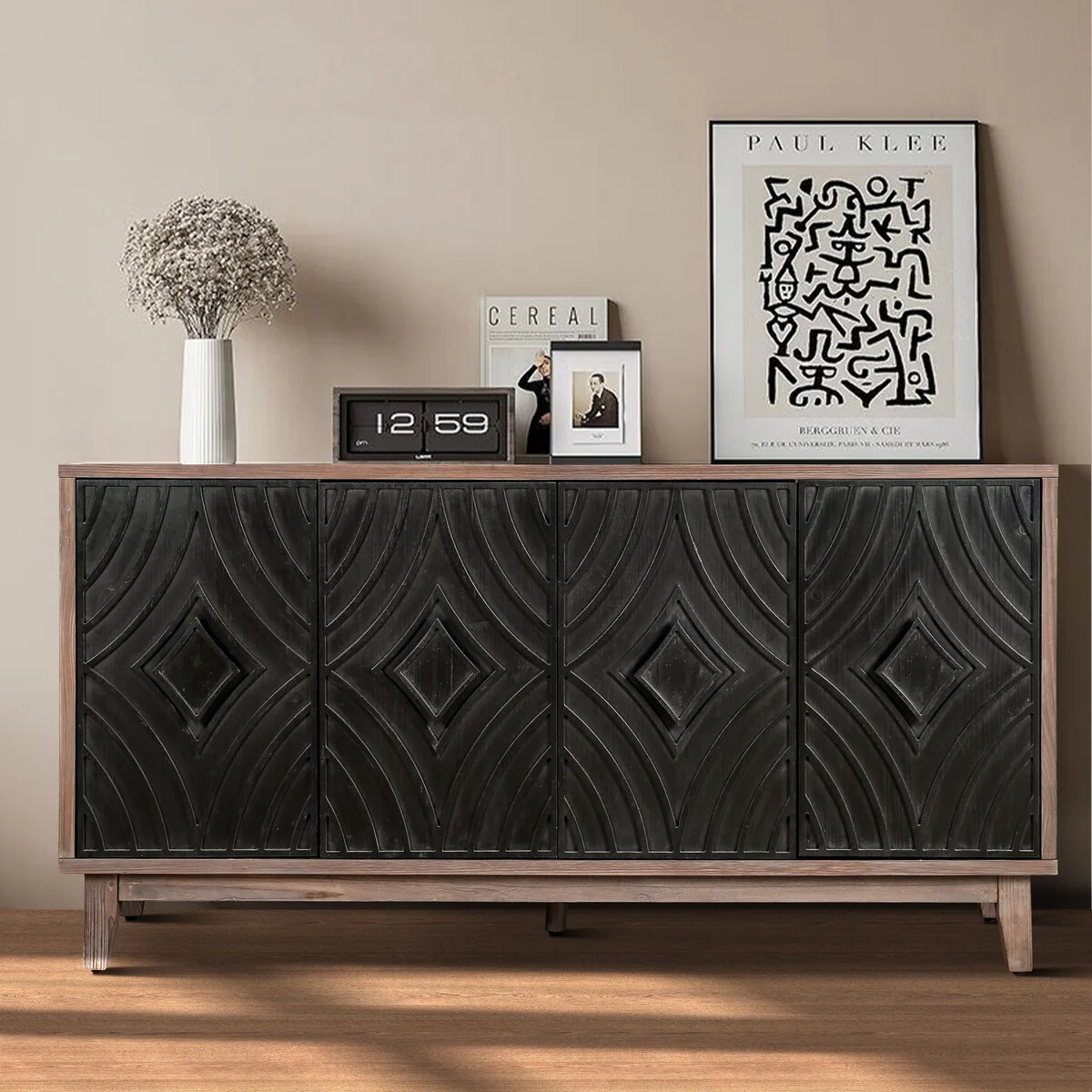 Roomfitters Mid Century Sideboard Buffet Cabinet with Solid Wood Legs, 60 Storage Cabinet with 4 Convex pattern diamond Doors