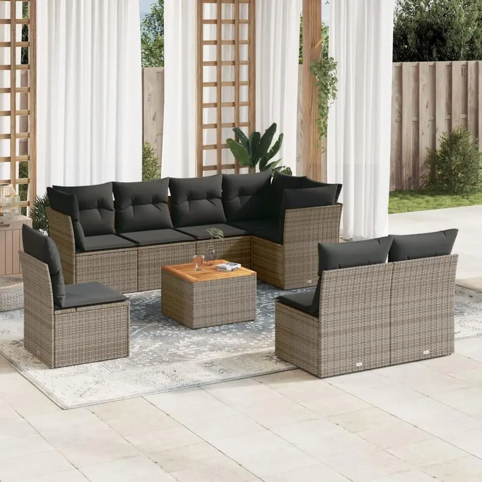 vidaXL 9-delige Loungeset met kussens & salontafel - Grijs - Poly rattan