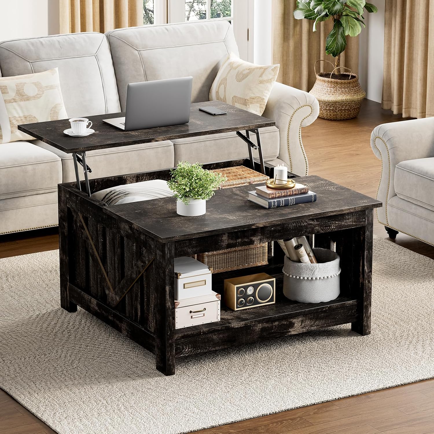 FABATO Lift Top Coffee Table, 31.5 Farmhouse Coffee Tables with Storage, Small Square Cocktail Tables, Wood Central Table for Living Room, Meeting Room, Black Oak
