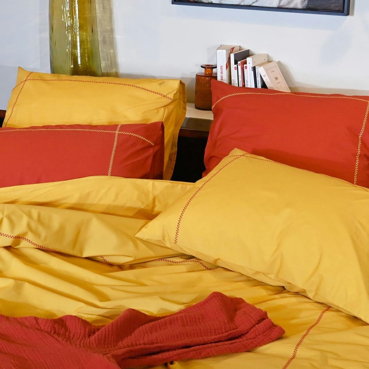 CHEVRON - Housse de couette brodée en percale Jaune 200x200 cm