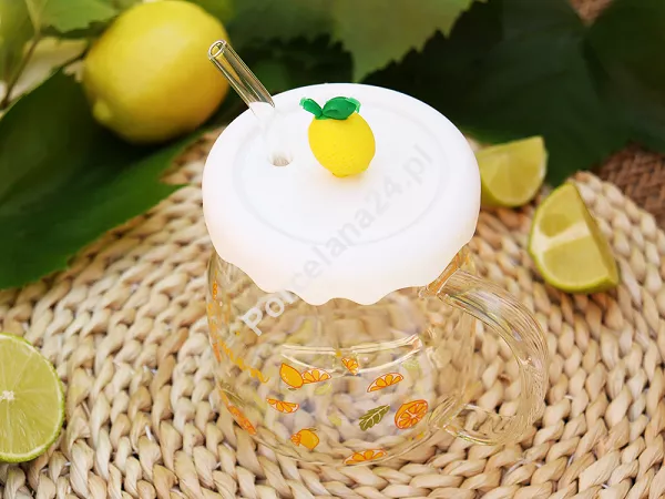 Kubek szklany z silikonową pokrywką i szklaną słomką 600 ml Altom Design - Cytryna 07.K.3516