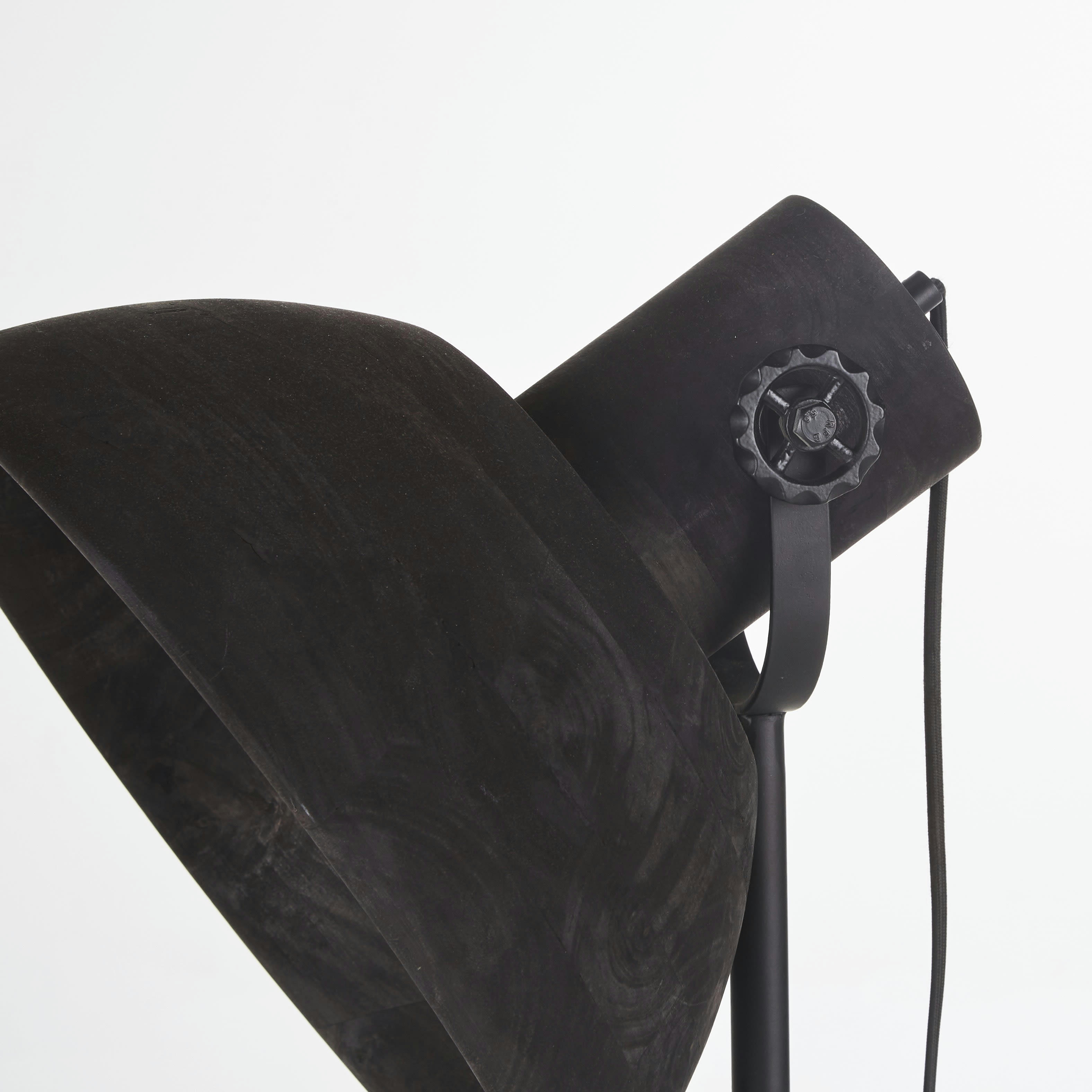 CHICAGO - Lampadaire trépied industriel en métal noir et abat jour orientable en bois de manguier H147