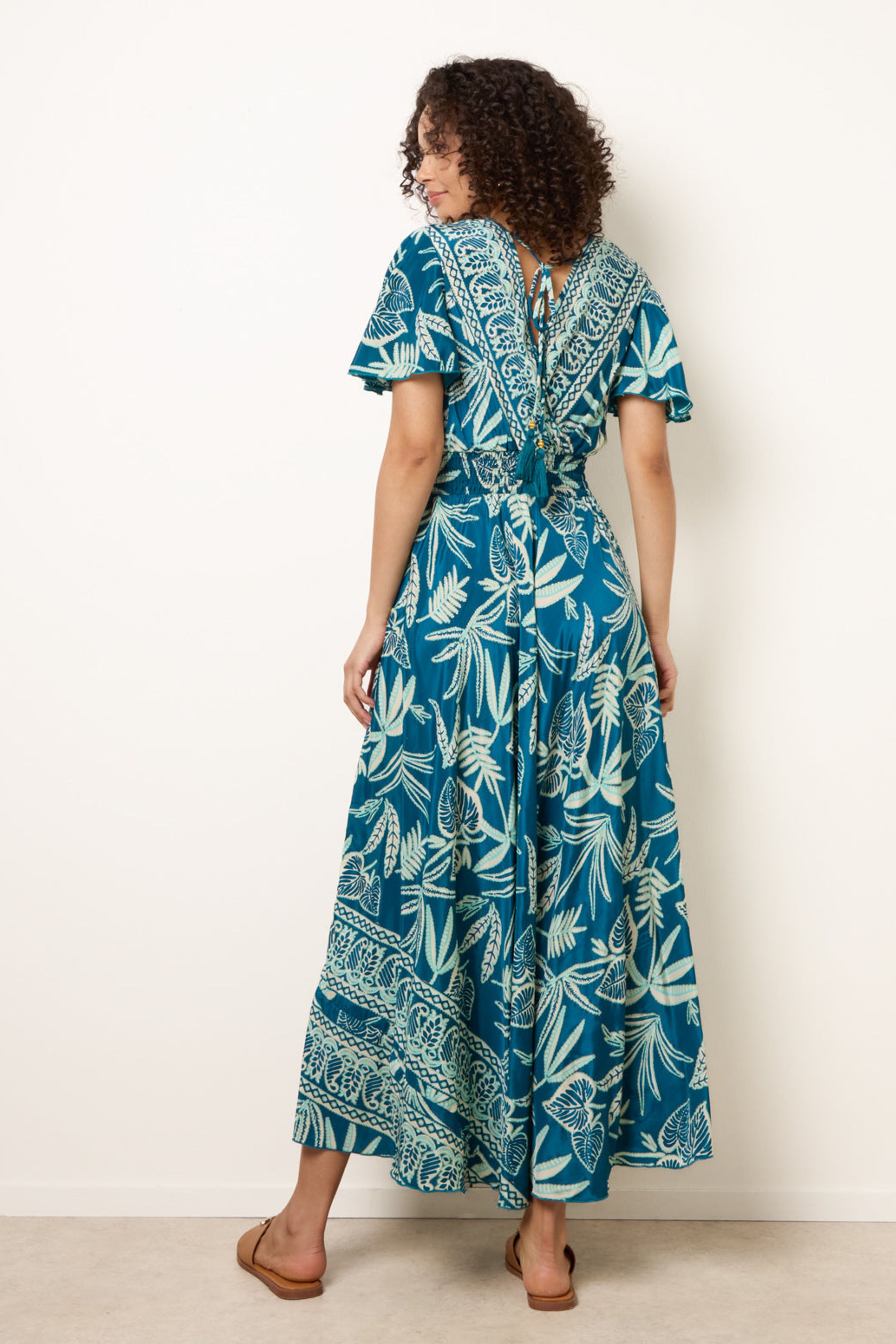 Blue Vanilla Teal Wrap Over Angel Sleeve Shirred Maxi Dress