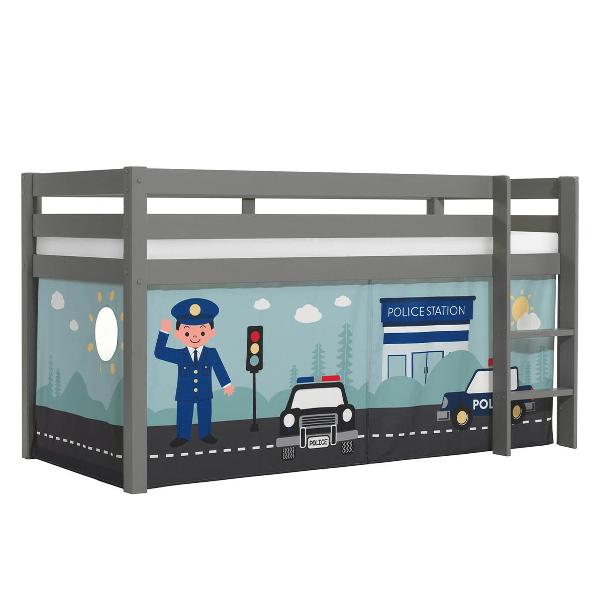 PINO - Lit mi-hauteur 90x200 sommier inclus housse police gris