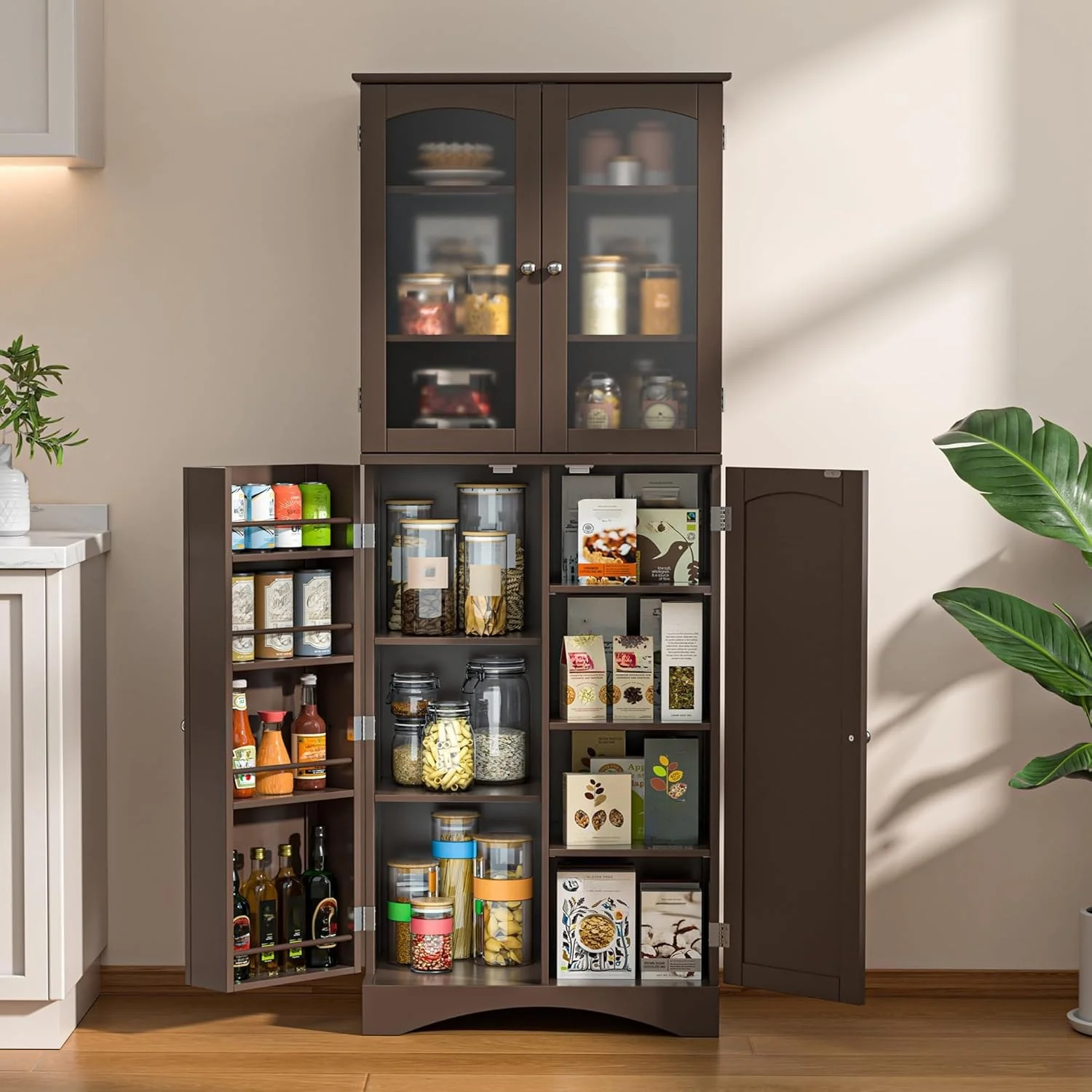 64 Kitchen Pantry Cabinet, Tall Storage Cabinet with Glass Doors and Adjustable Shelves