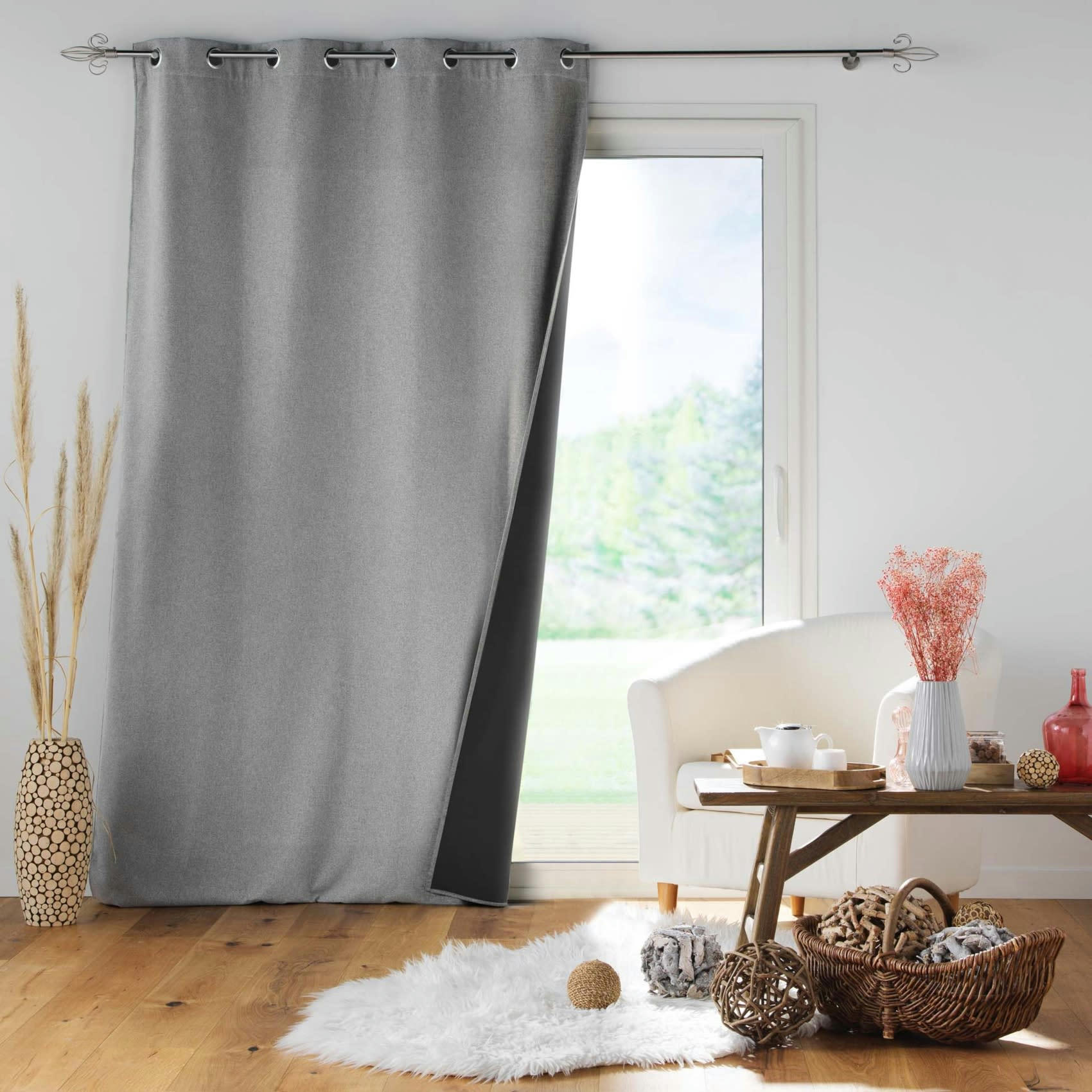 - Rideau isolant doublé polaire polyester gris clair 140x260 cm