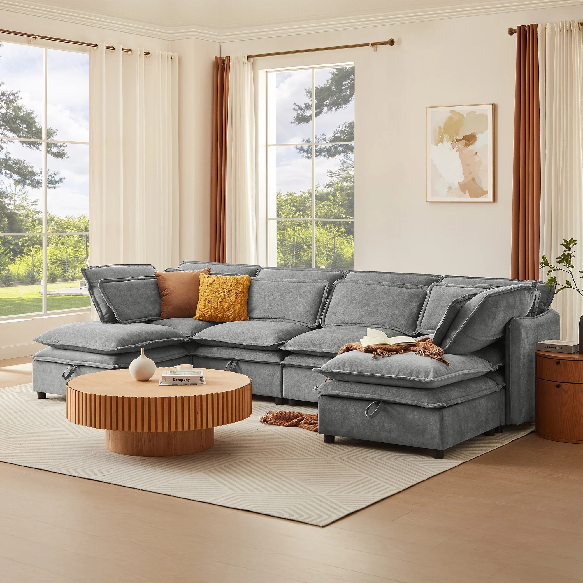 Modern Large U-Shaped Modular Sofa with Movable Storage Ottoman,. Upholstered Deep Seat Sofa with Double-Layer Cushion
