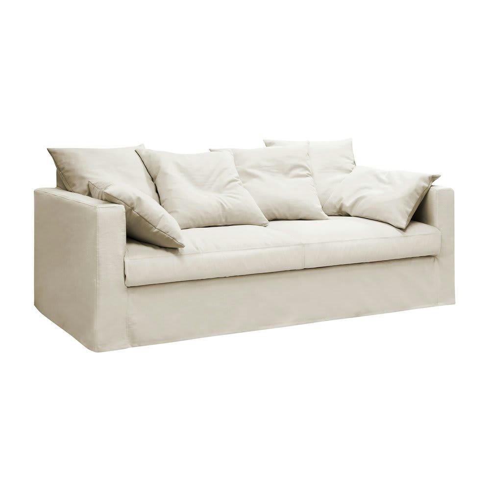 LARIA - Canapé 4 places fixe en tissu coton écru - LARIA