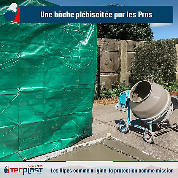 Bâche de Chantier 6x10 m - TECPLAST - HQ250CH - Verte et Marron - Haute Performance - Bâche de protection étanche pour Travaux