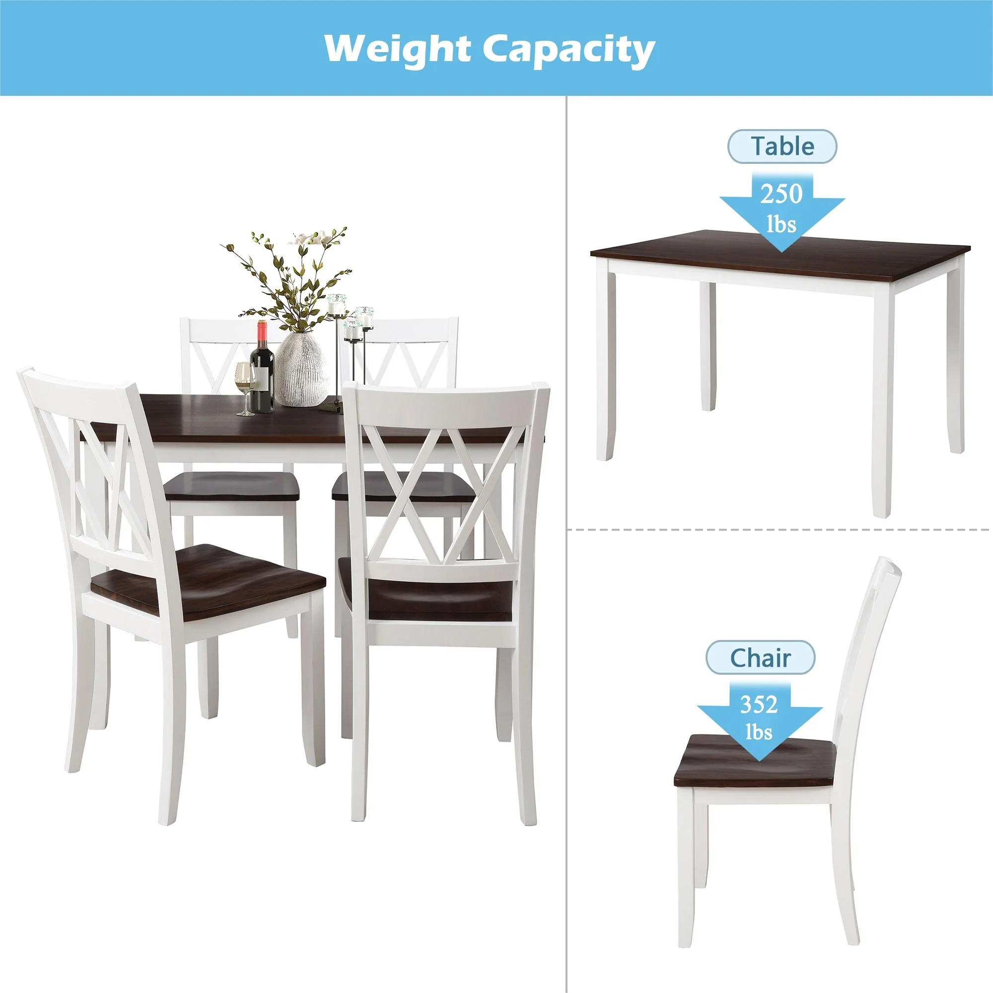 5-Piece Solid Wood Farmhouse Dining Set with Ergonomic Chairs and Waterproof Acacia Top for Dining Room and Kitchen