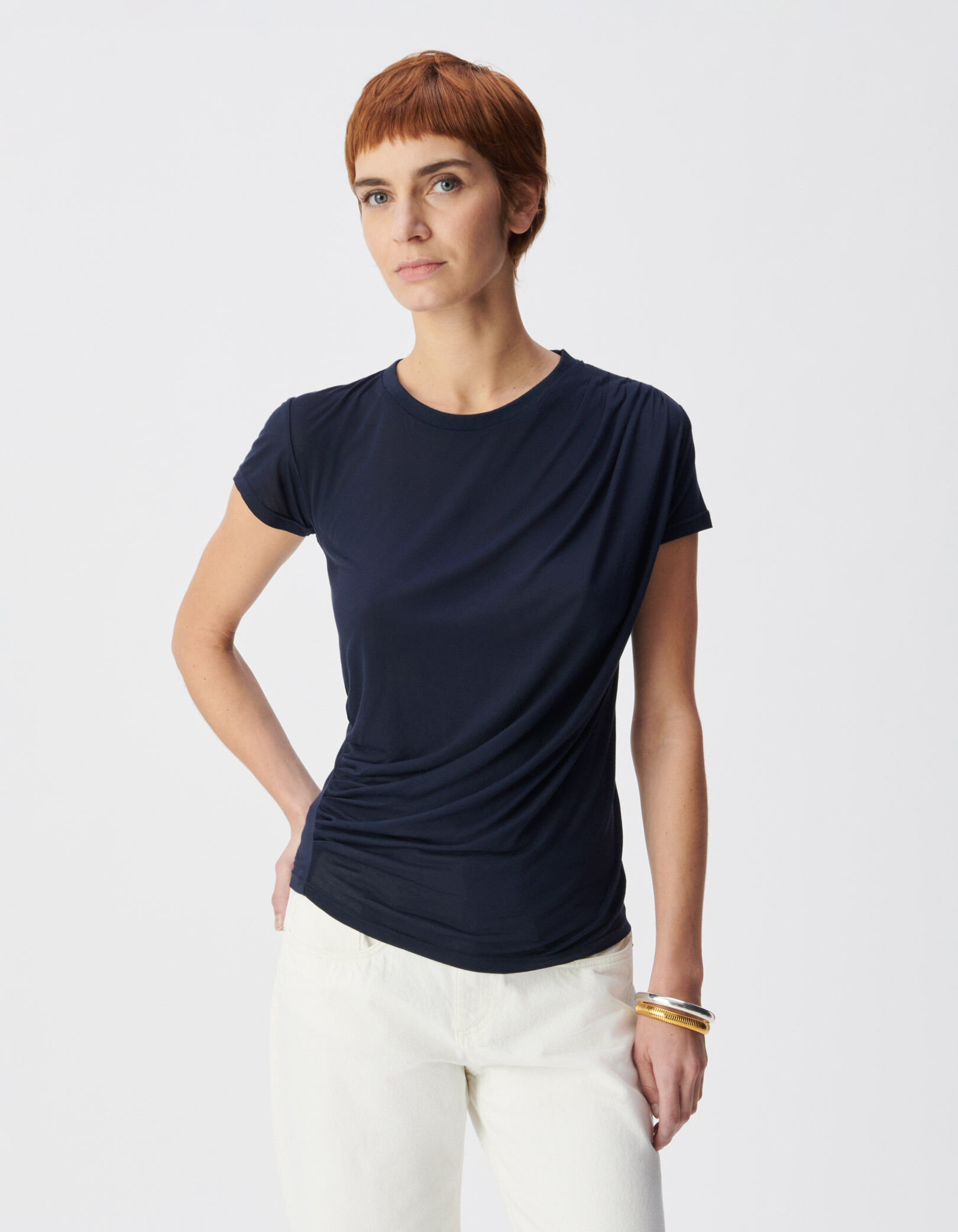 Tee-shirt manches courtes marine fronces côtés Femme