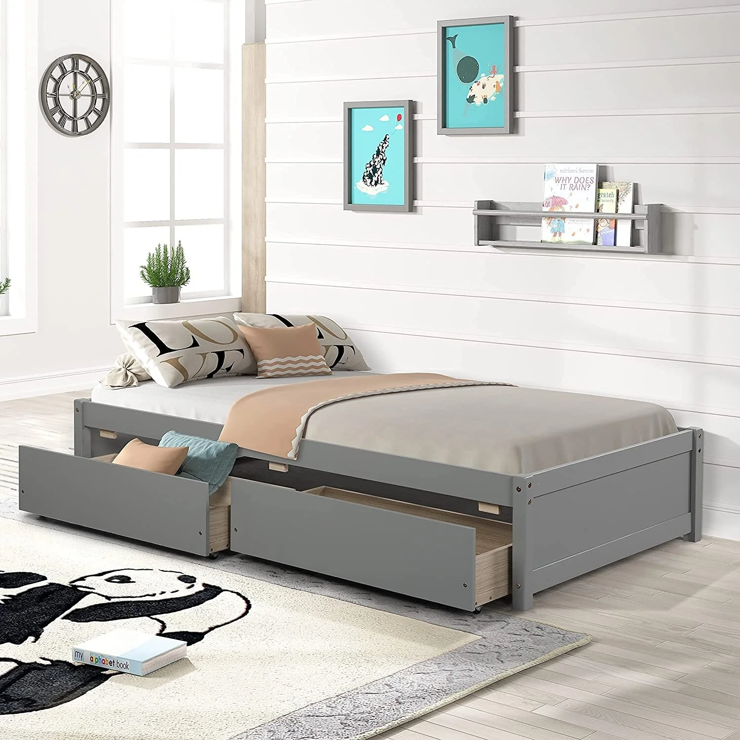 Twin Platform Bed Frame with 2 Storage Drawers, Wood Twin Bed Frames for Kids Toddler Girls Boys