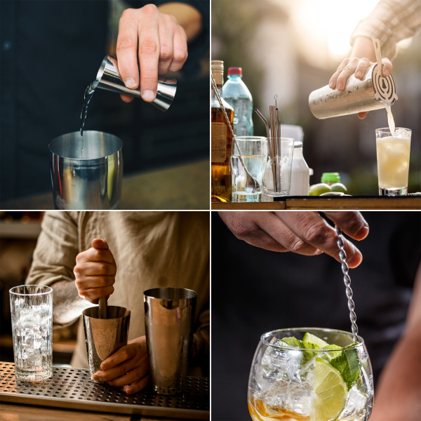 Zestaw barmański 11 elementów do drinków z podstawką srebrny