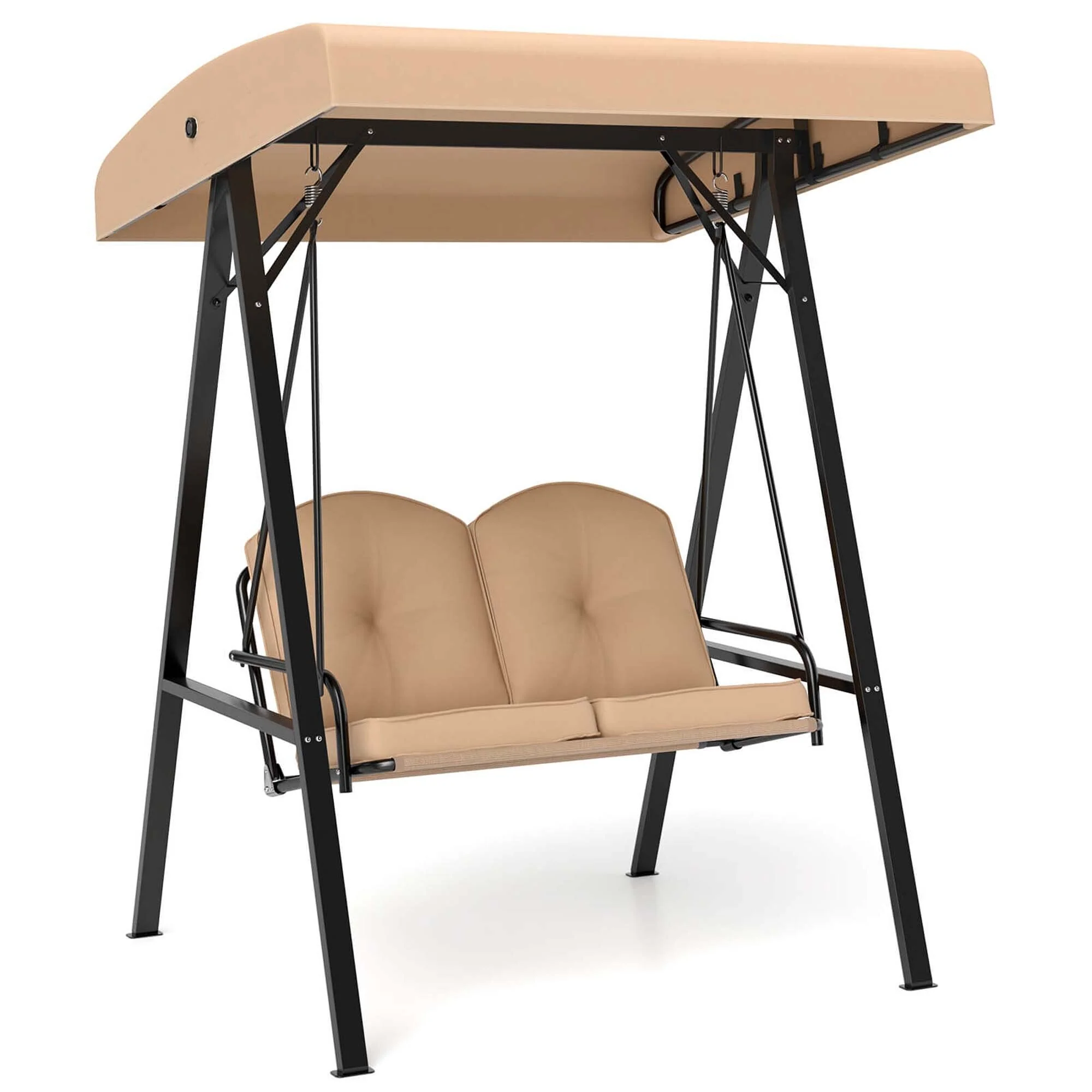 2-Person Porch Swing Outdoor Loveseat Swing w/ Canopy & Metal Frame