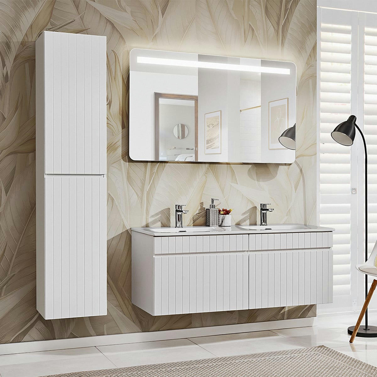 - Ensemble meuble double vasque encastrée 120cm et colonne blanc