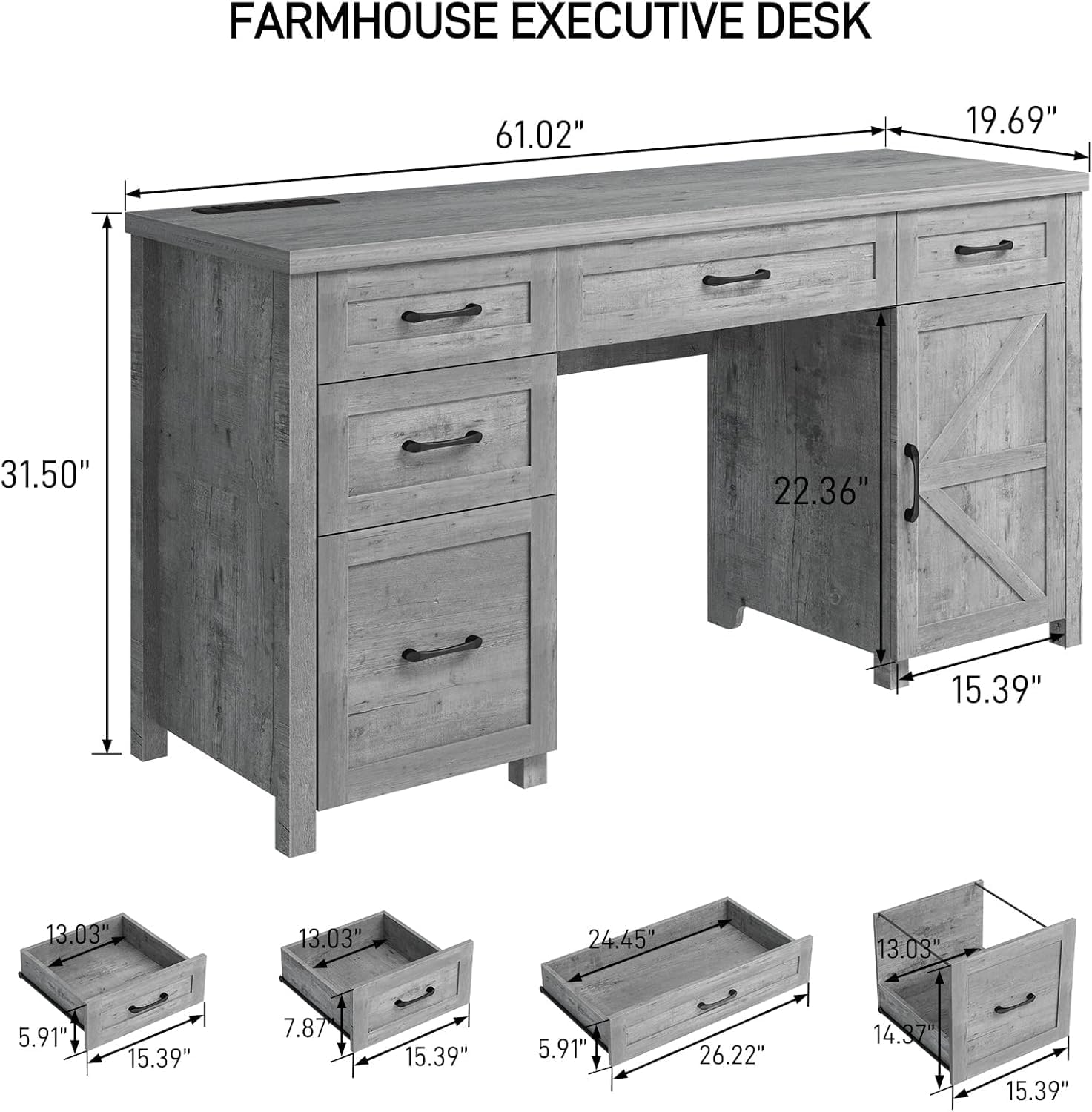 Vabches Farmhouse 61'' Executive Desk with 5 Drawers, Rustic Office Desk Computer Desk with Charging Station, File Drawers and Storage Cabinet, Wood Workstation for Home Office and Study,Grey.