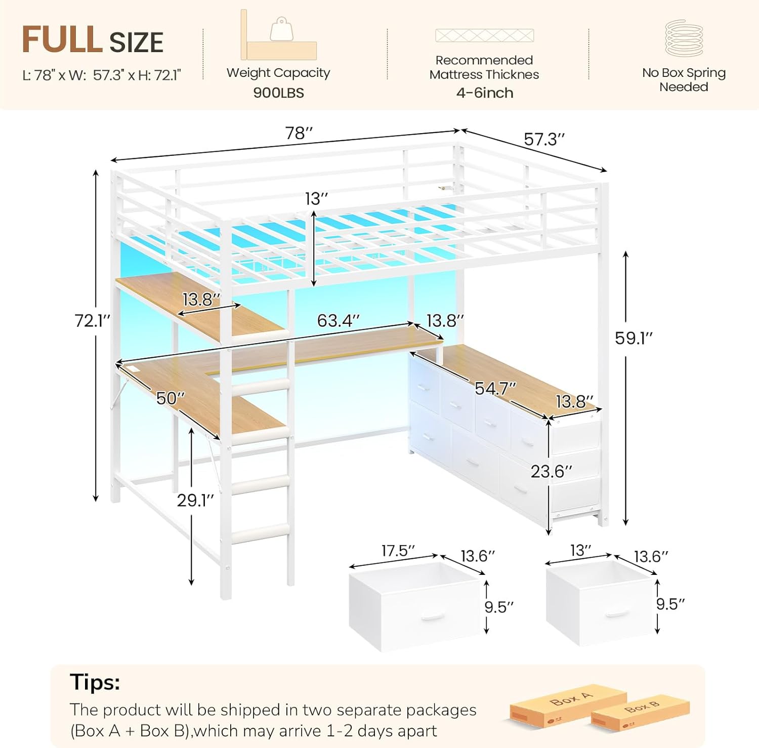 DICTAC Loft Bed Full Size with U-Shaped Desk,7 Storage Drawers and Charging Station,Metal Full Loft Bed with Led Lights and 2-tier Storage Shelves,loft full bed with Safety Guardrail and Ladders,White