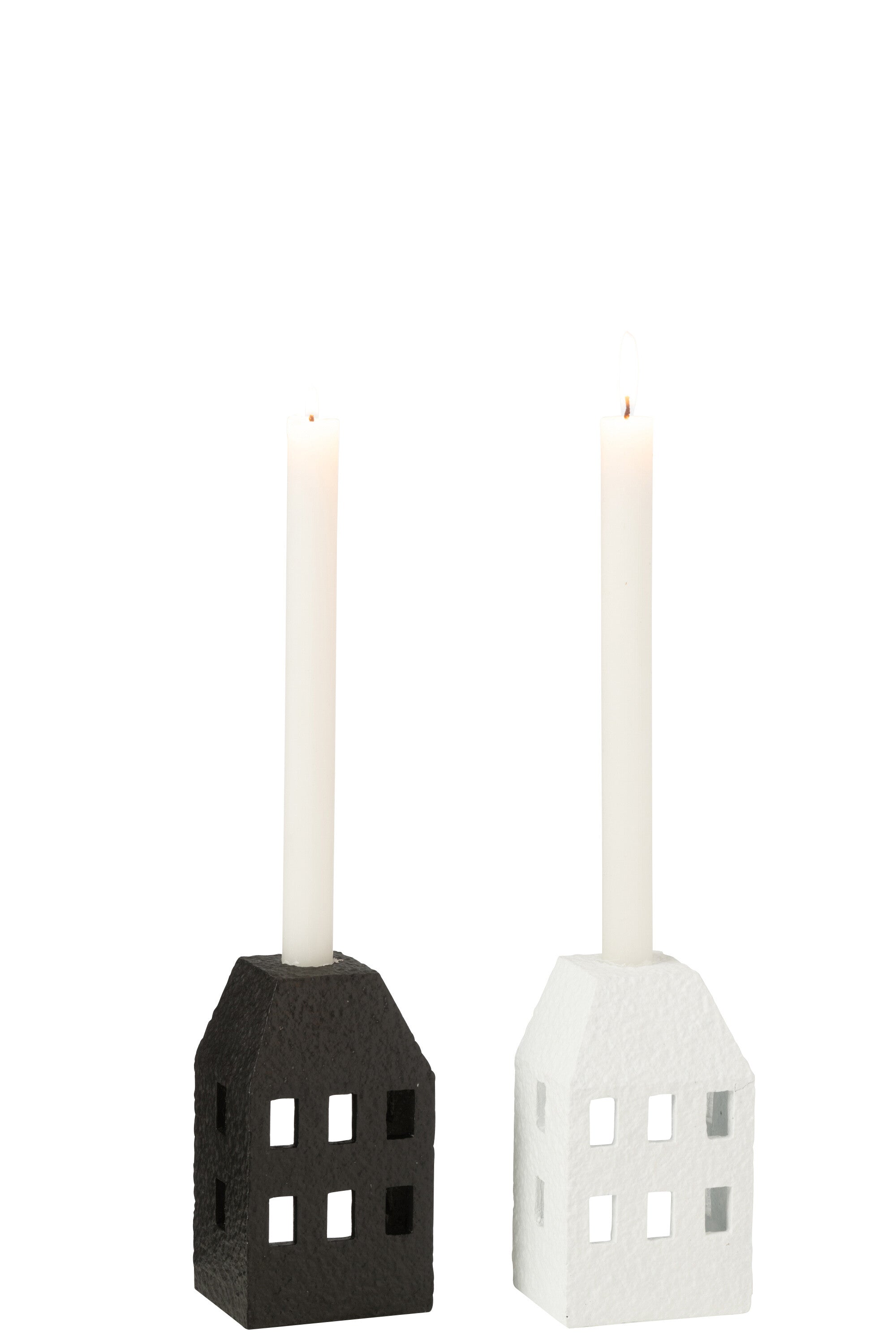 J-Line kandelaar Huis - cement - zwart/wit - 2 stuks
