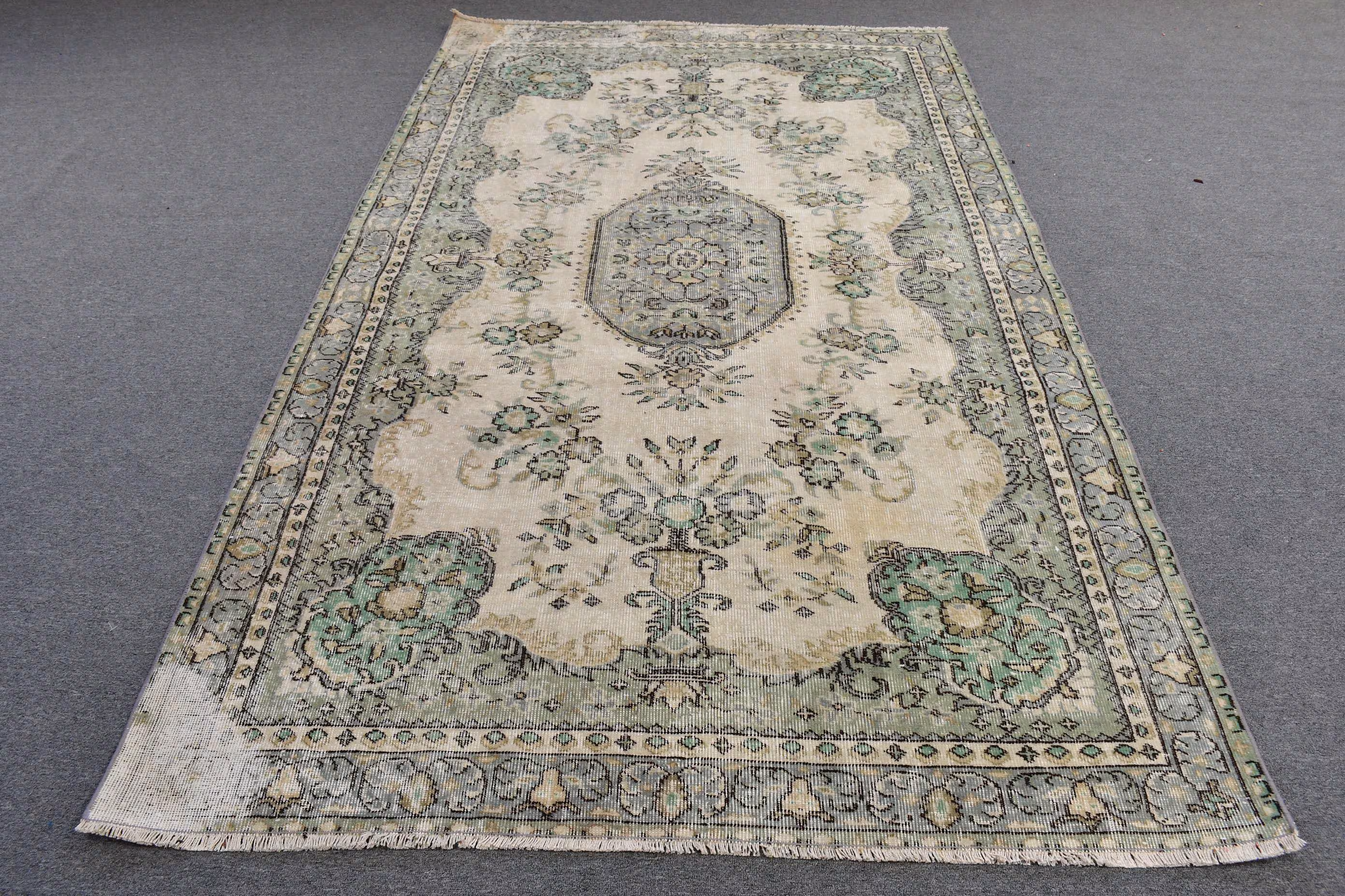 Vintage Turkish Oushak Rug 5.2x8.7 ft, Green Large Camouflage Wool Rug