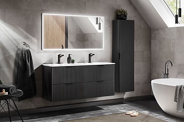 Meuble suspendu sous vasque avec panier à linge ADEL NOIR 120 cm