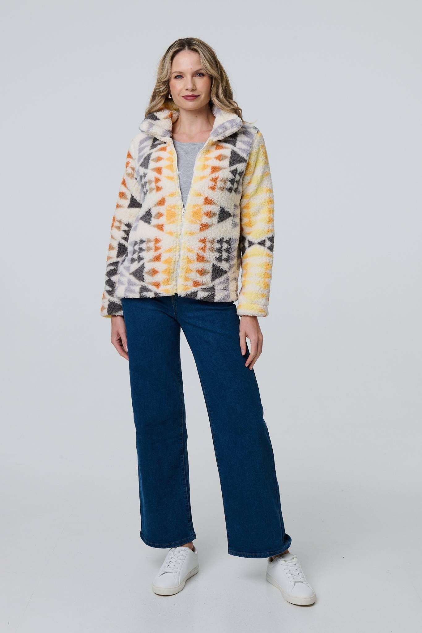 Izabel London Aztec Print Relaxed Teddy Fur Jacket
