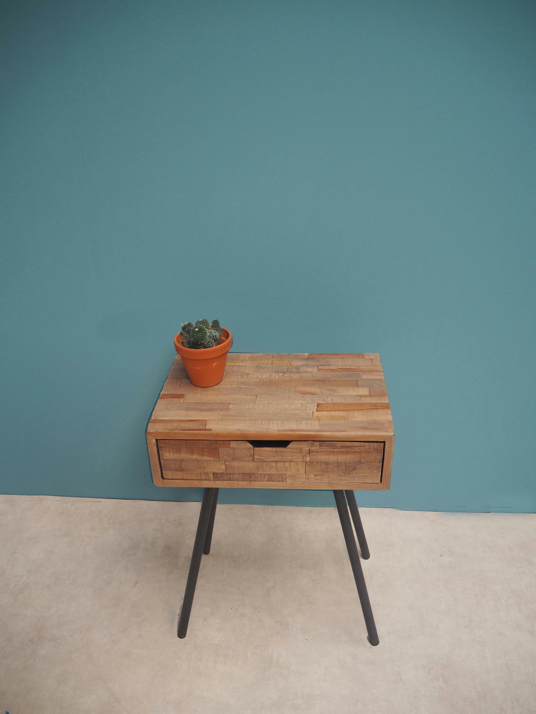 TECK - Table de chevet en teck et métal noir 1 tiroir