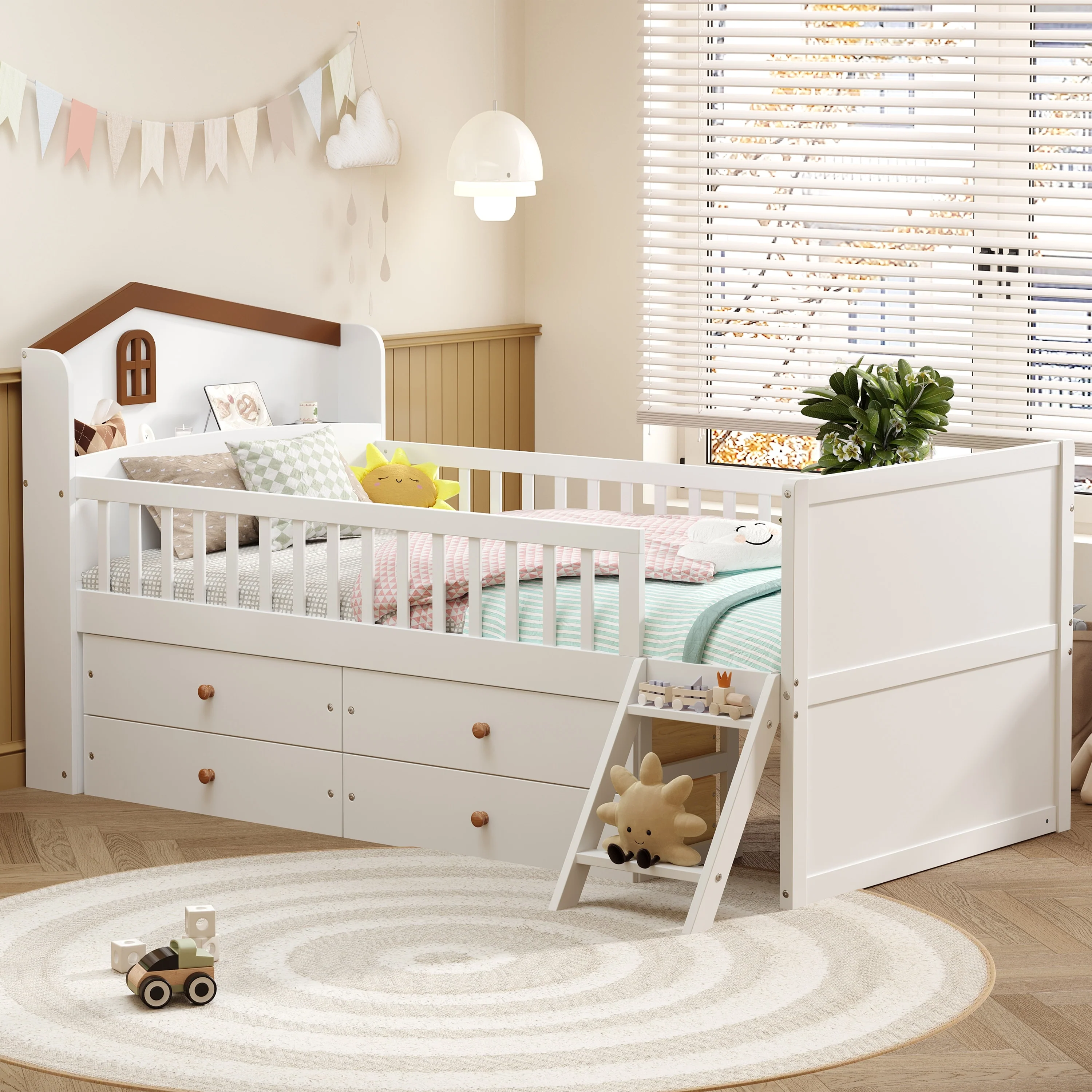 Twin Bed Frame with Storage 4 Drawers,Wooden Bed Frame for Kids,Platform Twin Size Bed with Guardrail Headboard and Ladder